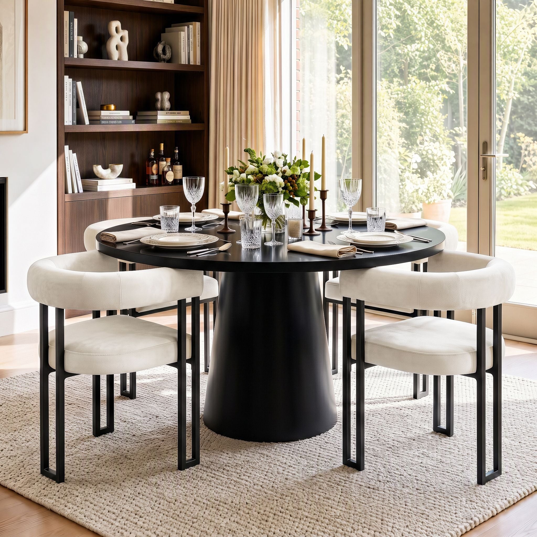 Set of 4 Velvet Upholstered Barrel Dining Chairs with Curved Armrests - Beige