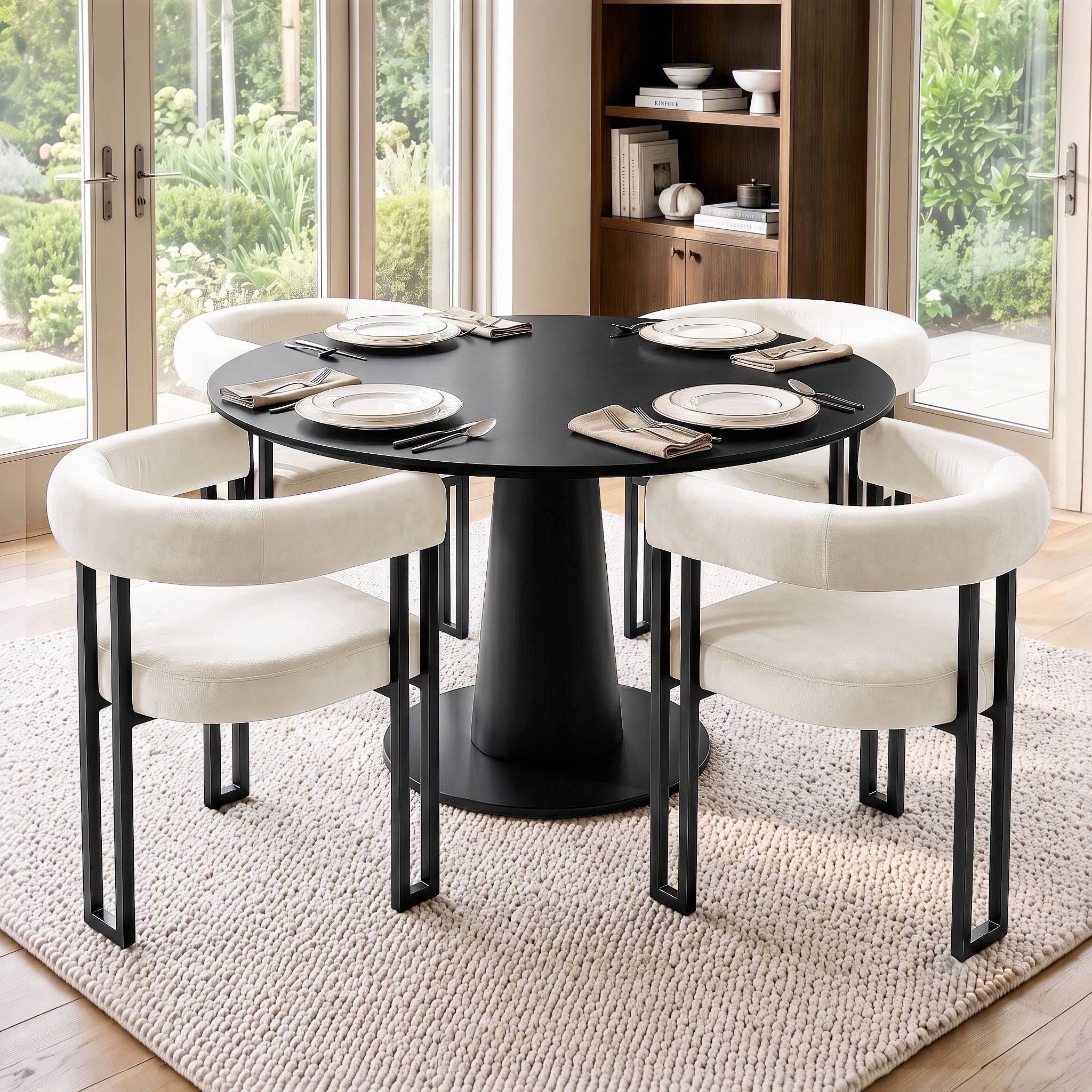 Set of 4 Velvet Upholstered Barrel Dining Chairs with Curved Armrests - Beige