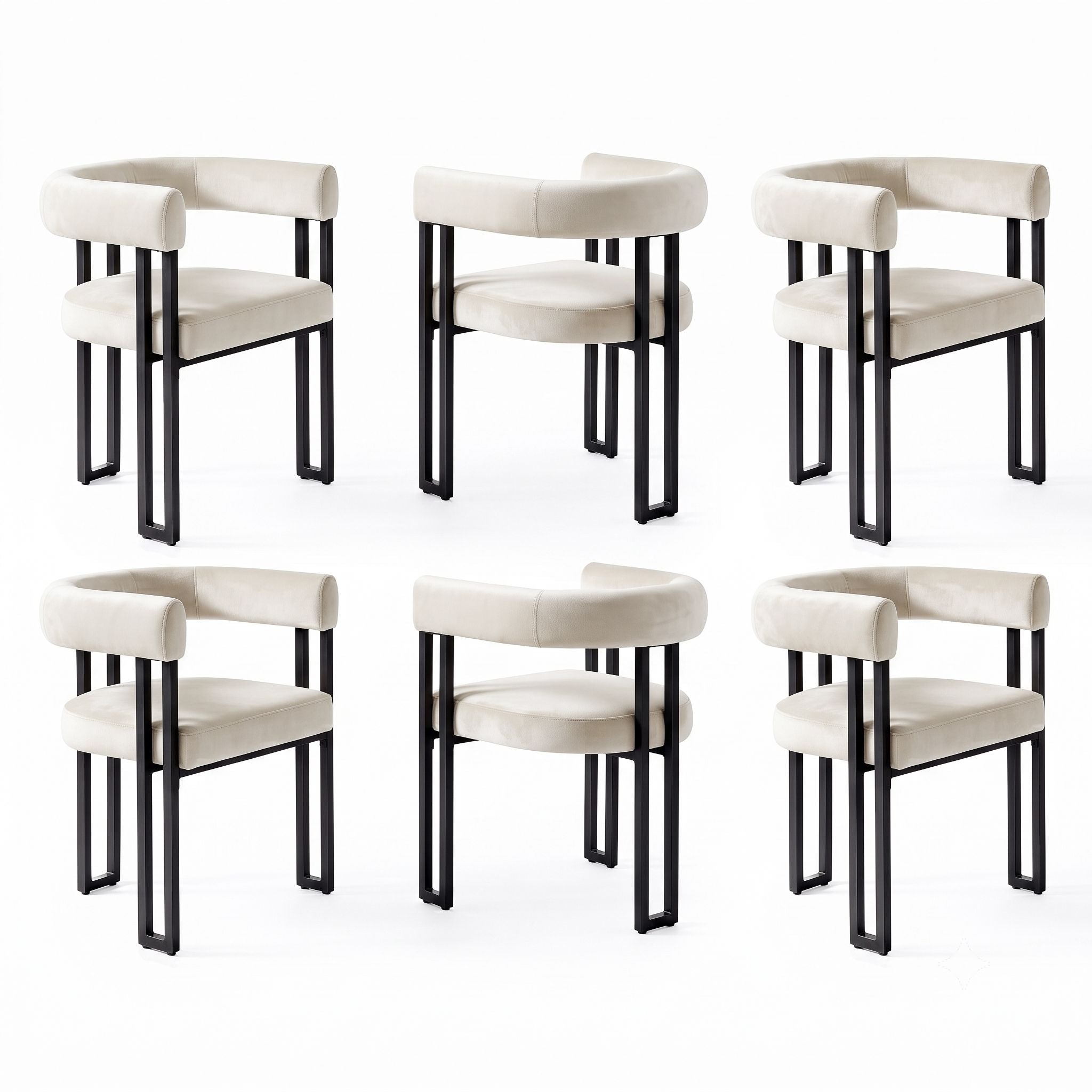 Set of 6 Velvet Upholstered Barrel Dining Chairs with Curved Armrests - Beige