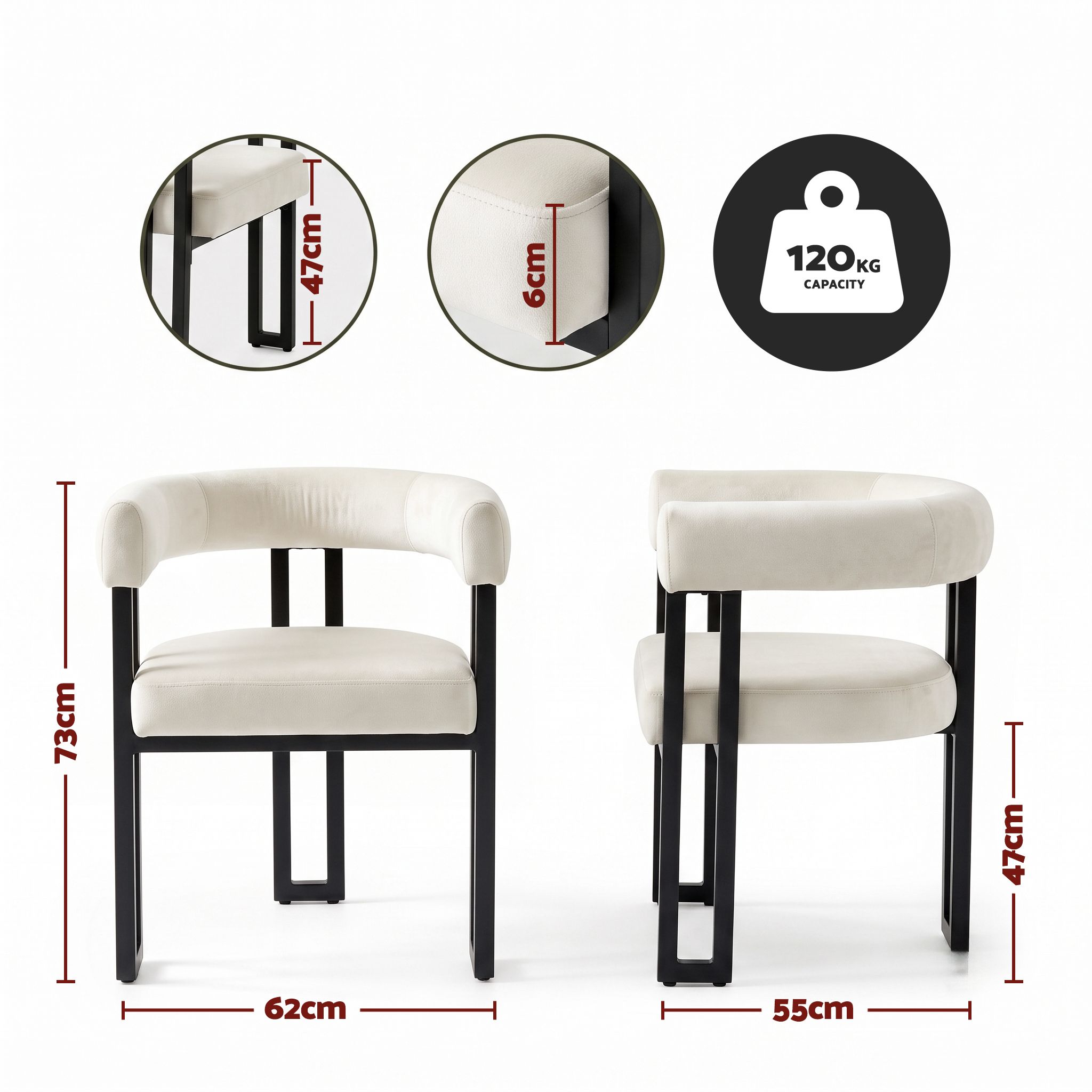 Set of 6 Velvet Upholstered Barrel Dining Chairs with Curved Armrests - Beige