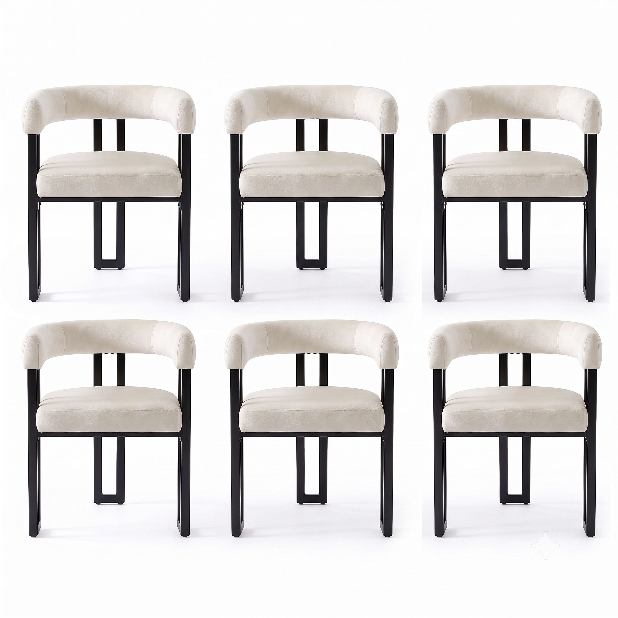 Set of 6 Velvet Upholstered Barrel Dining Chairs with Curved Armrests - Beige