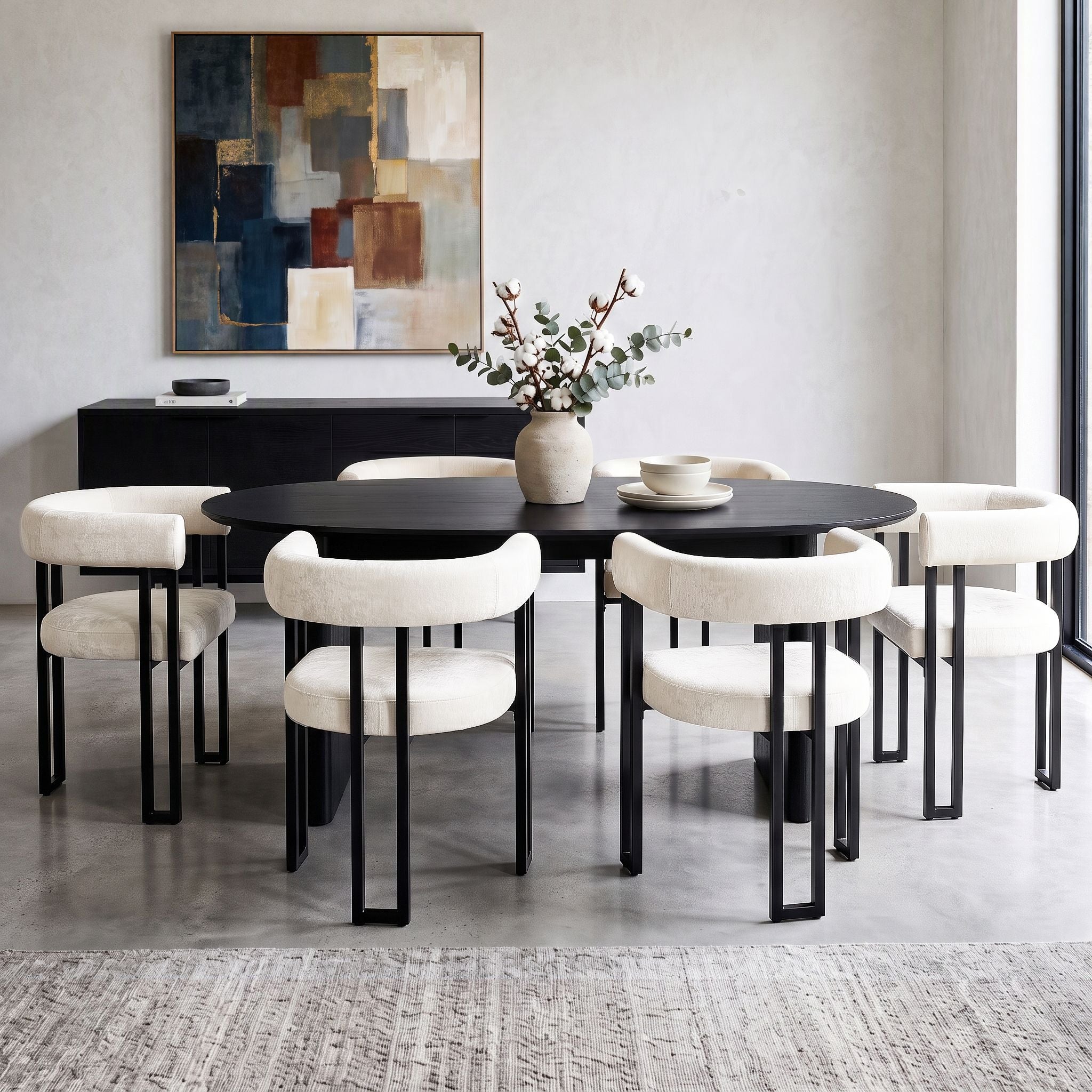 Set of 6 Velvet Upholstered Barrel Dining Chairs with Curved Armrests - Beige