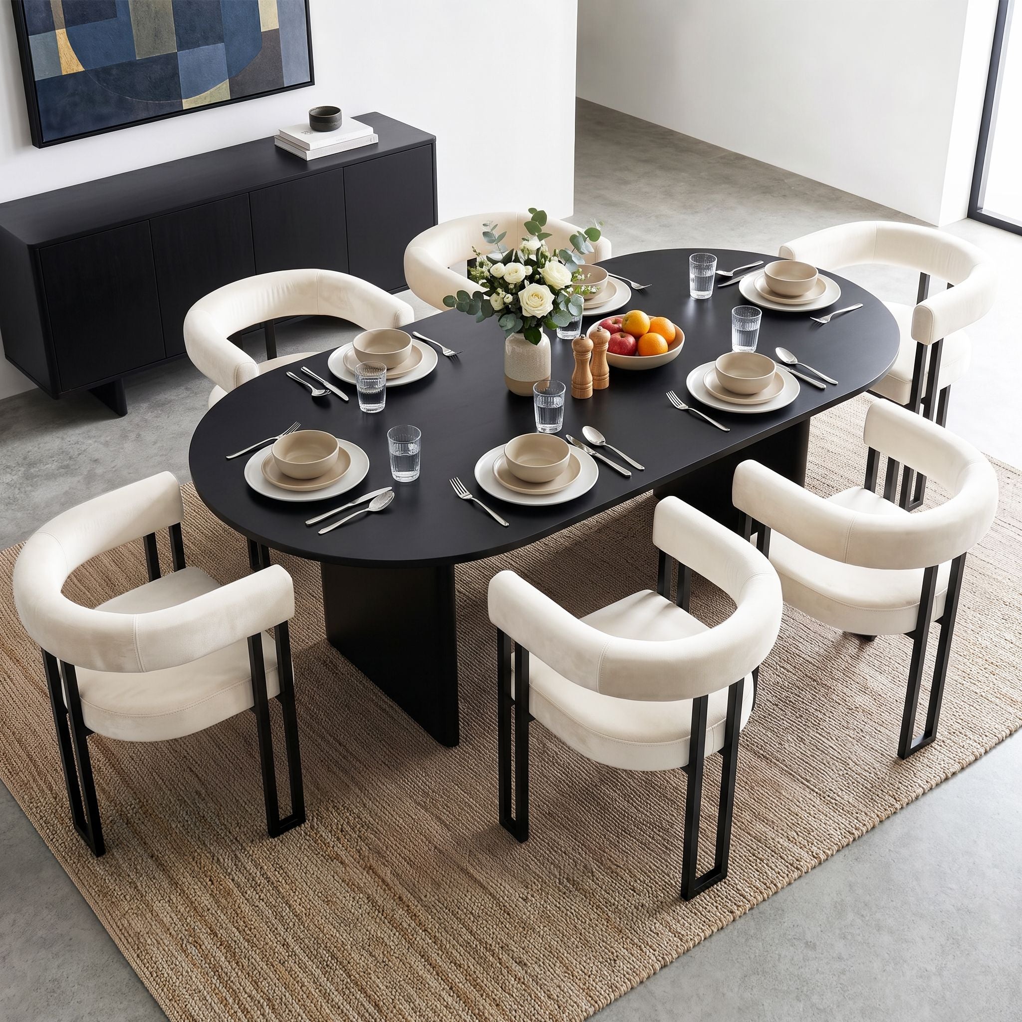 Set of 6 Velvet Upholstered Barrel Dining Chairs with Curved Armrests - Beige