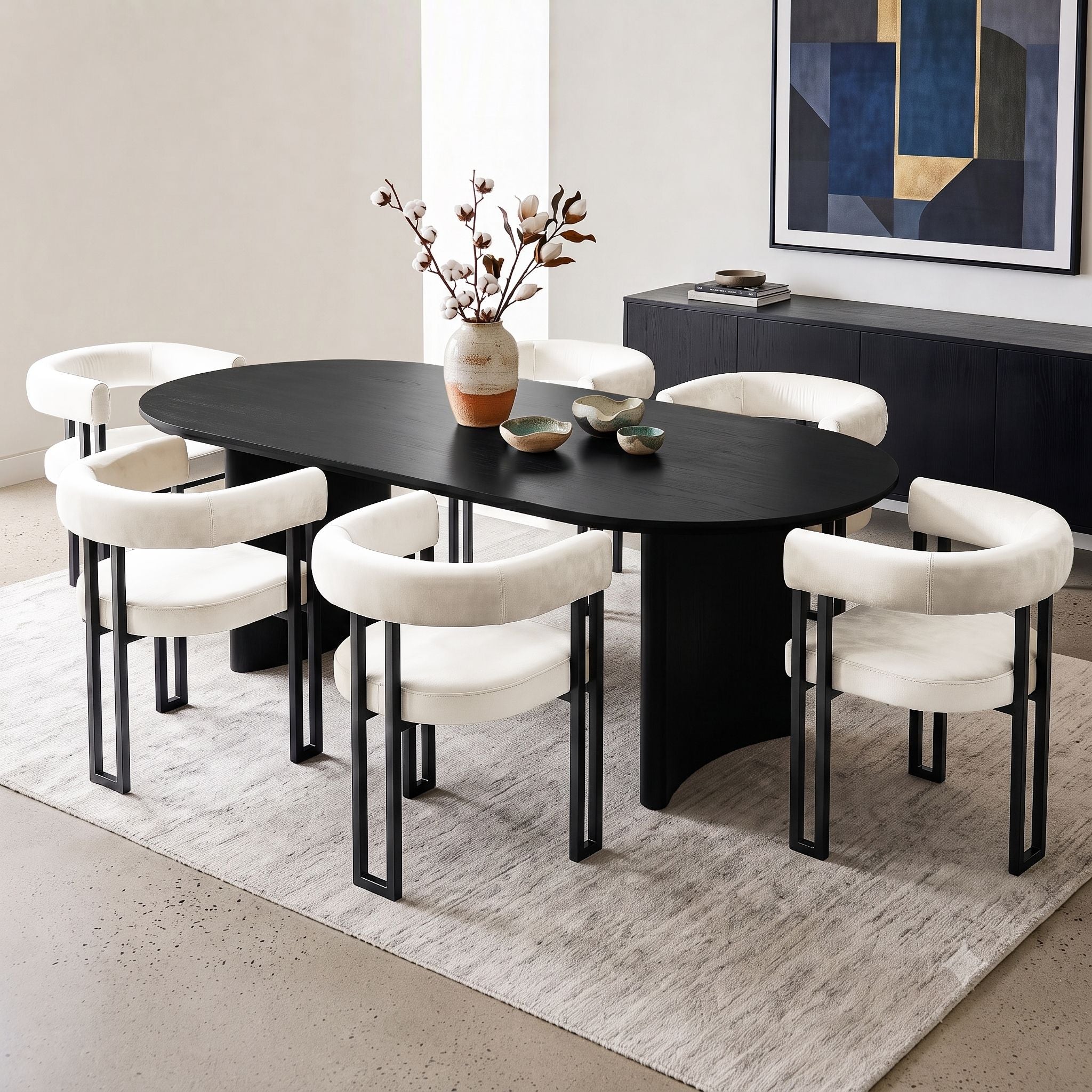 Set of 6 Velvet Upholstered Barrel Dining Chairs with Curved Armrests - Beige