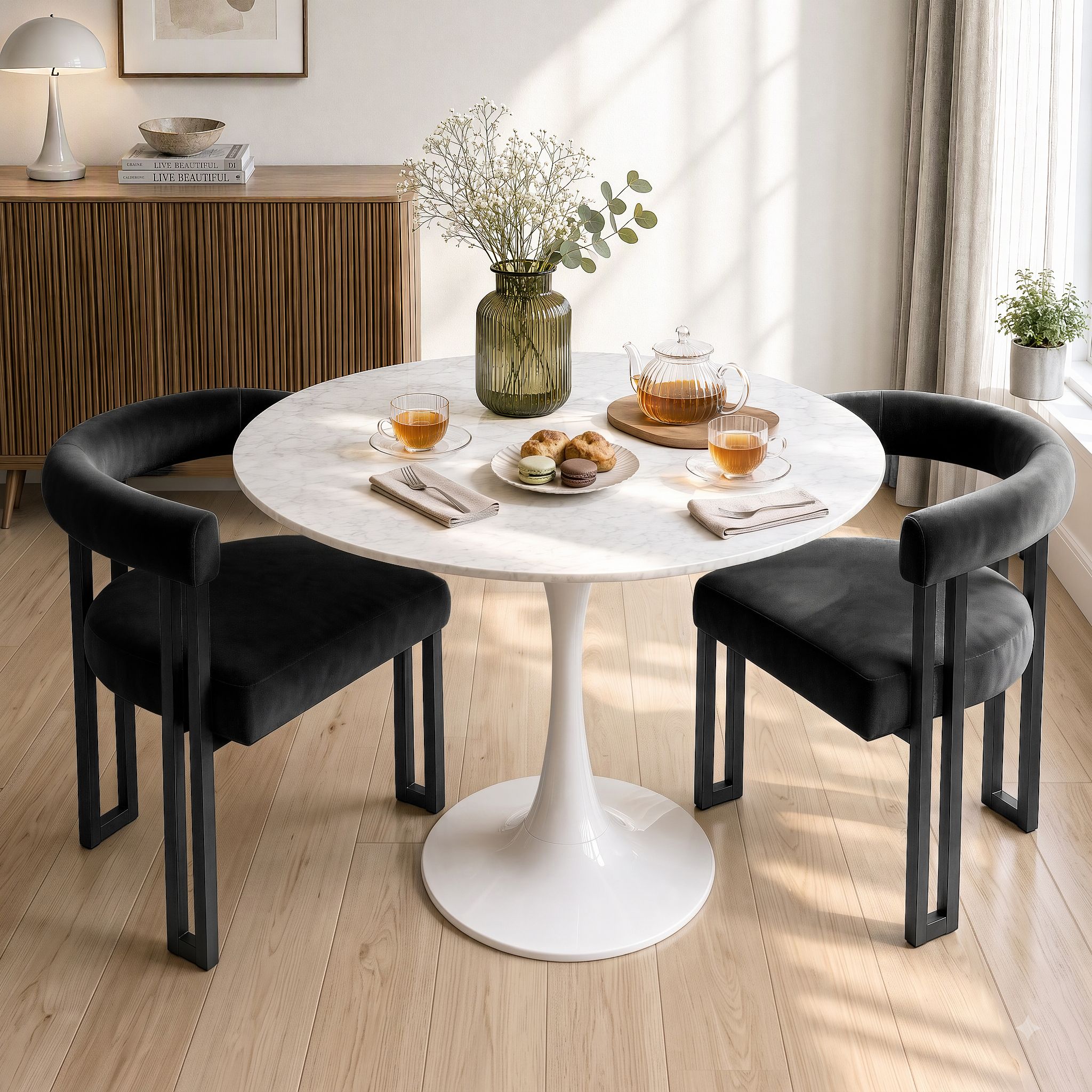 Set of 2 Velvet Upholstered Barrel Dining Chairs with Curved Armrests - Black