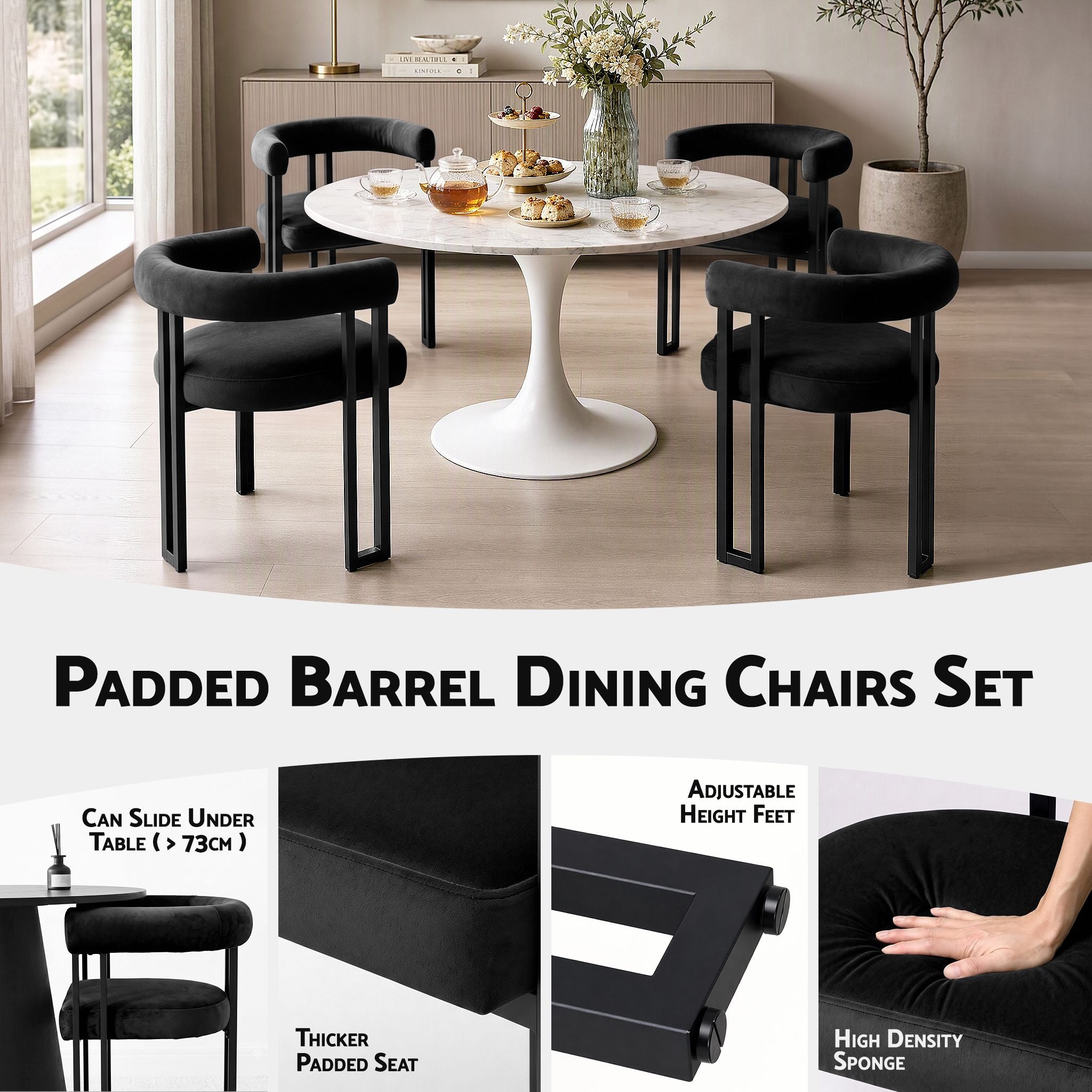 Set of 2 Velvet Upholstered Barrel Dining Chairs with Curved Armrests - Black