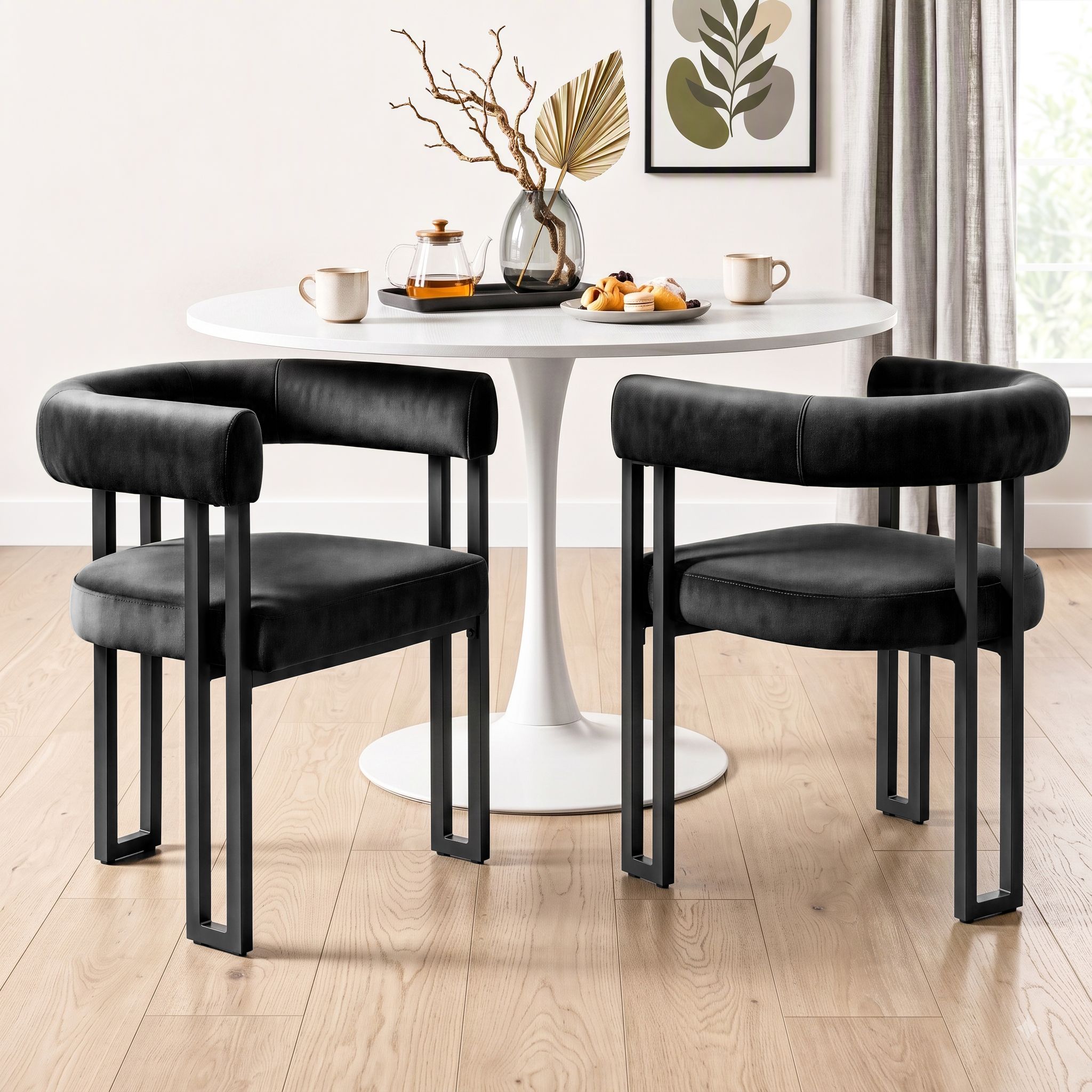 Set of 2 Velvet Upholstered Barrel Dining Chairs with Curved Armrests - Black