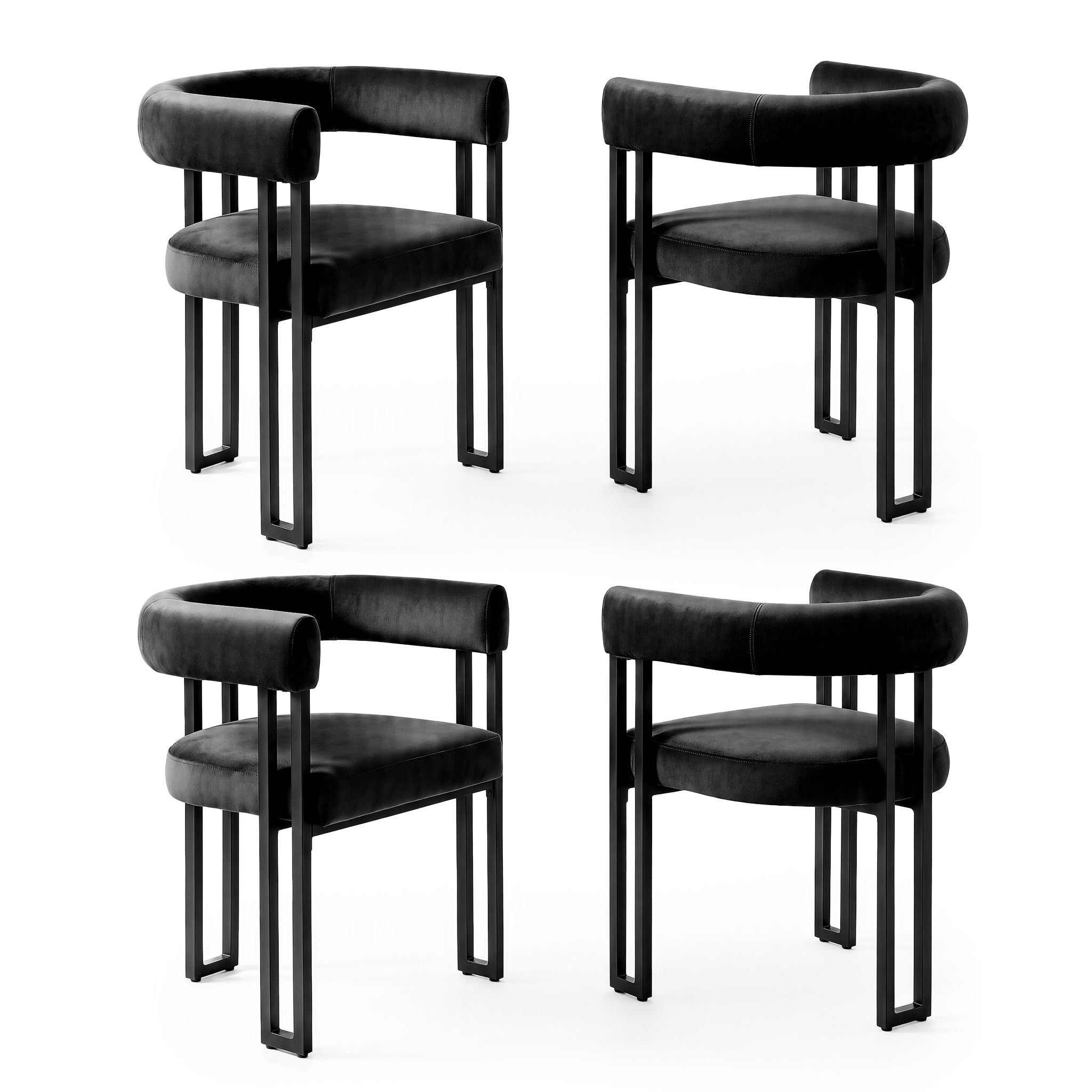 Set of 4 Velvet Upholstered Barrel Dining Chairs with Curved Armrests - Black