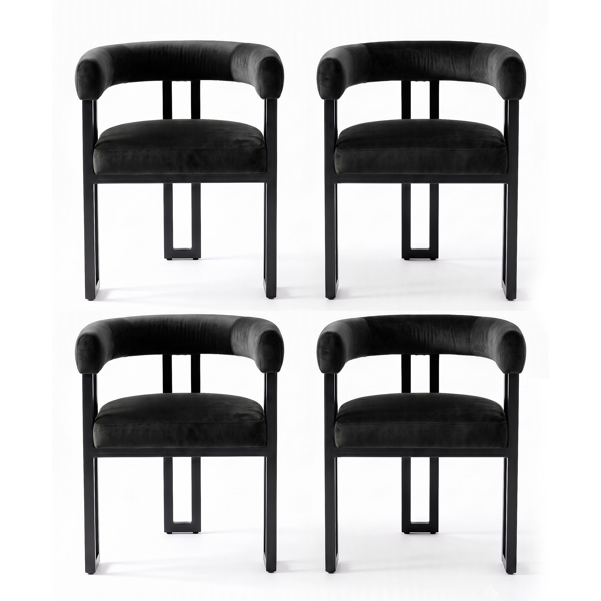 Set of 4 Velvet Upholstered Barrel Dining Chairs with Curved Armrests - Black