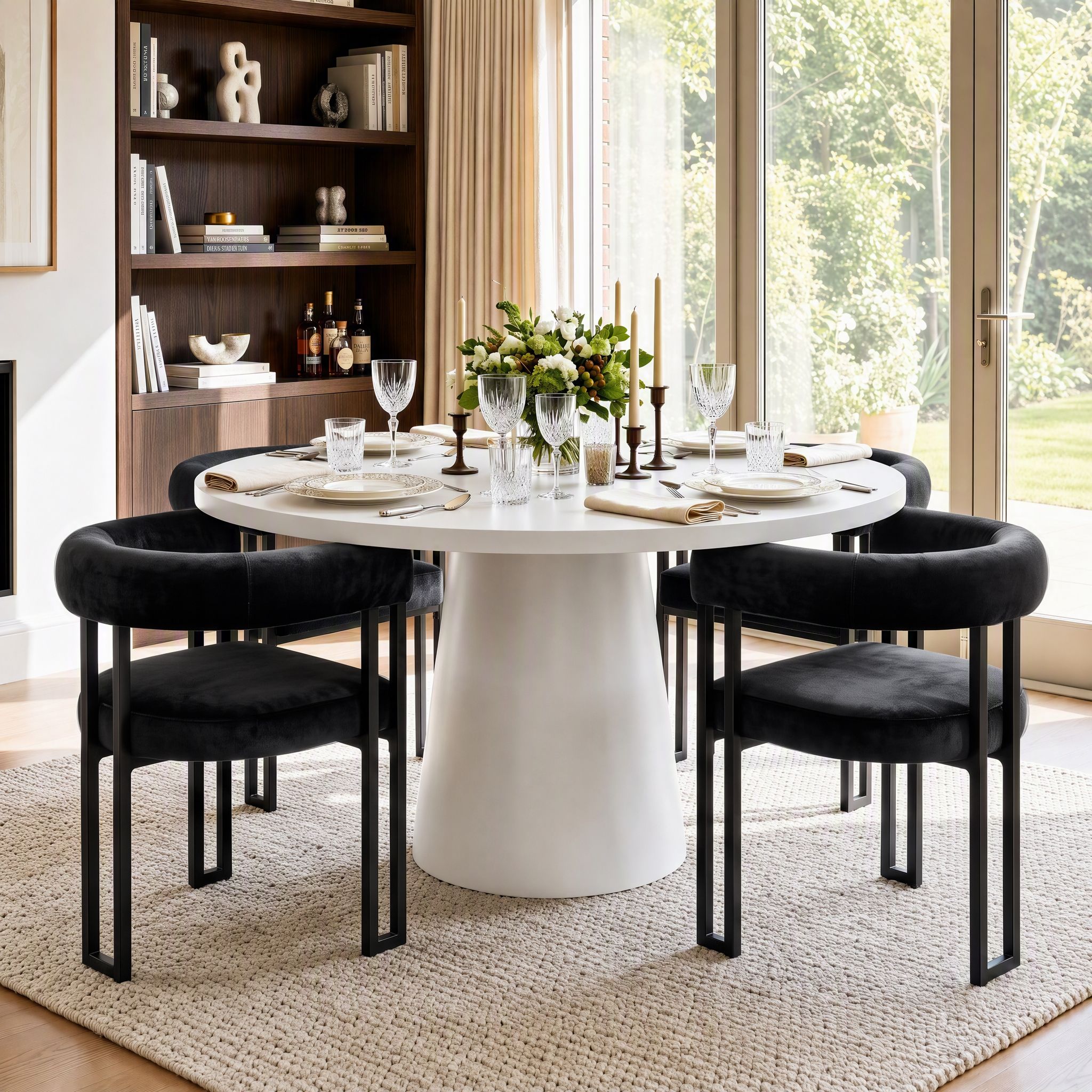 Set of 4 Velvet Upholstered Barrel Dining Chairs with Curved Armrests - Black