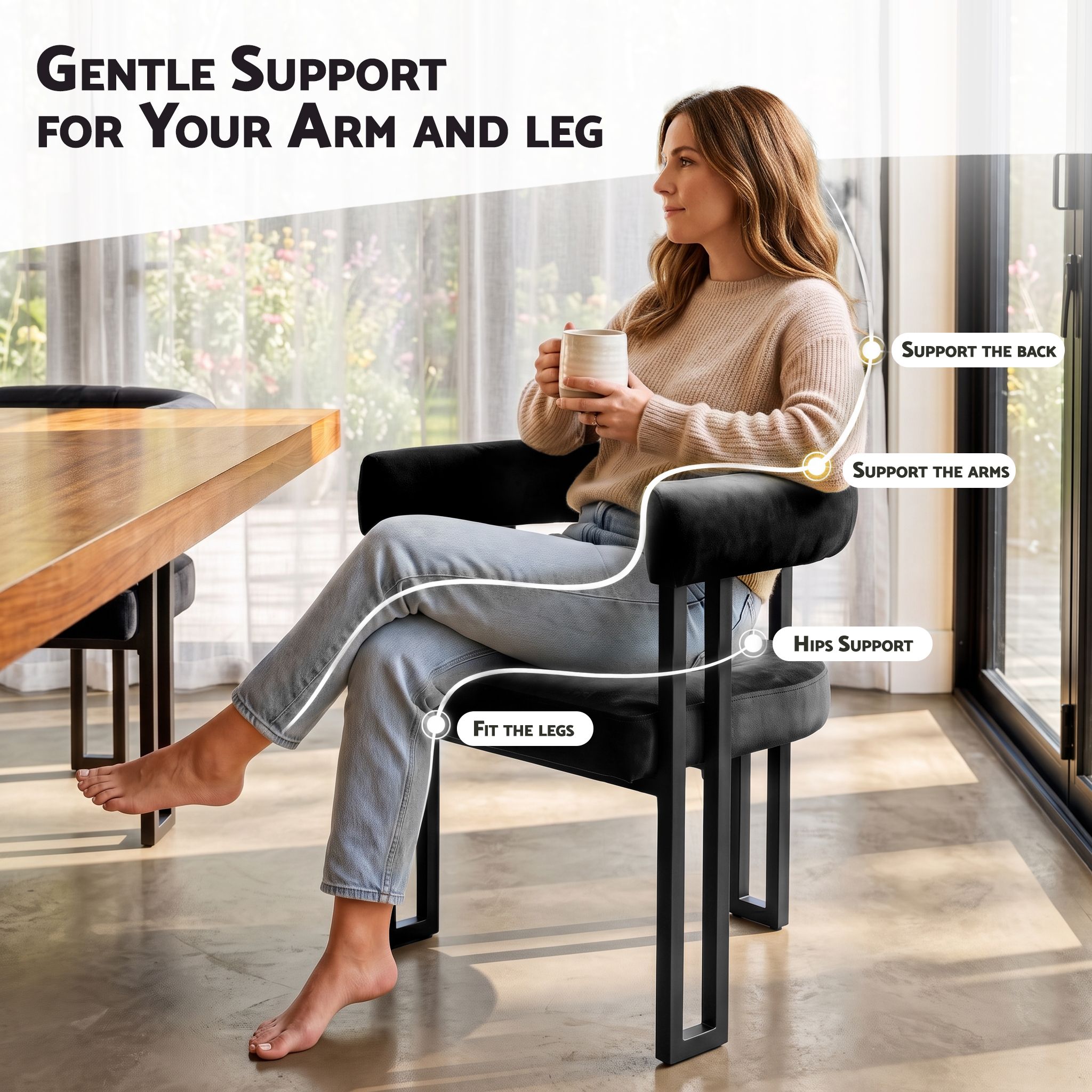 Set of 4 Velvet Upholstered Barrel Dining Chairs with Curved Armrests - Black