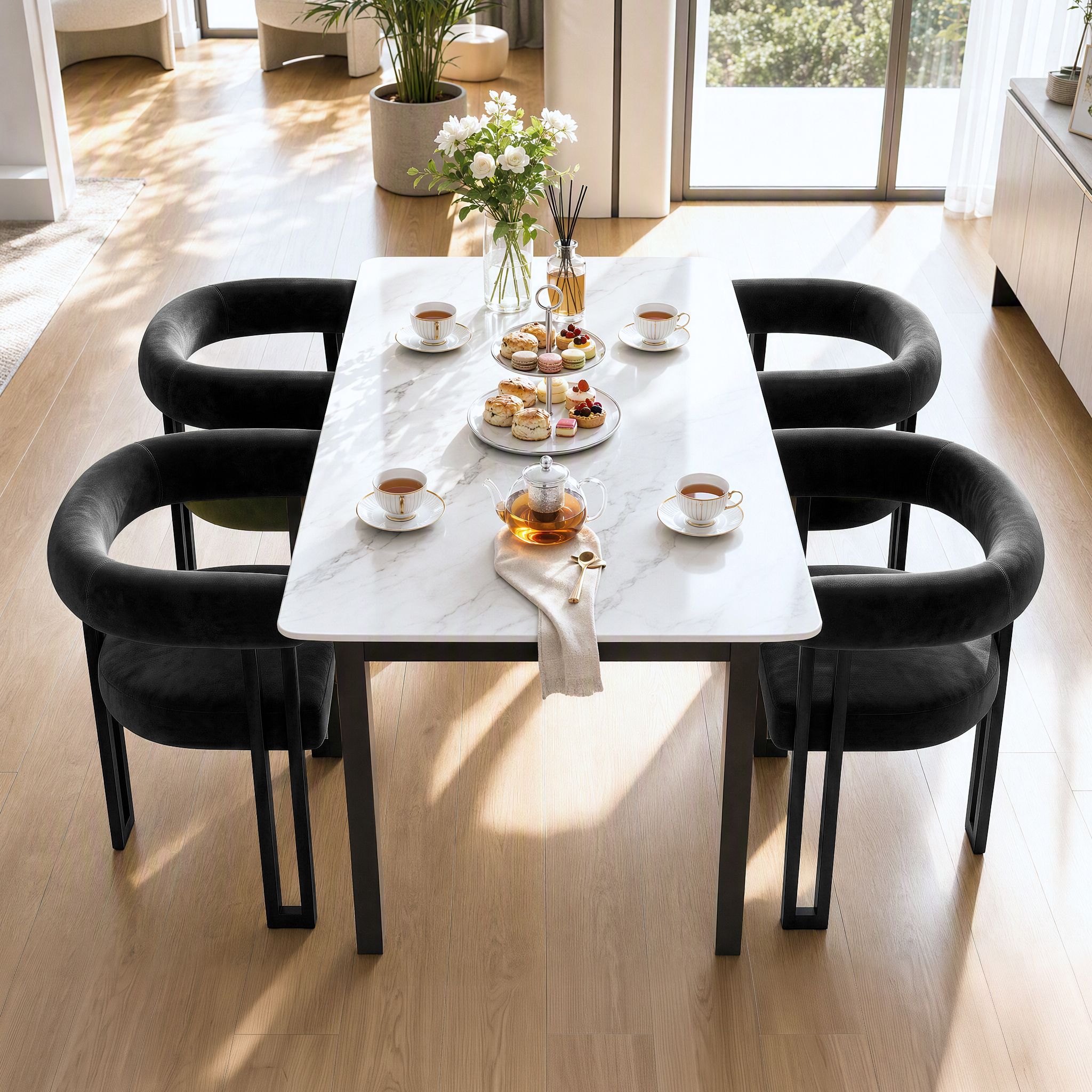 Set of 4 Velvet Upholstered Barrel Dining Chairs with Curved Armrests - Black