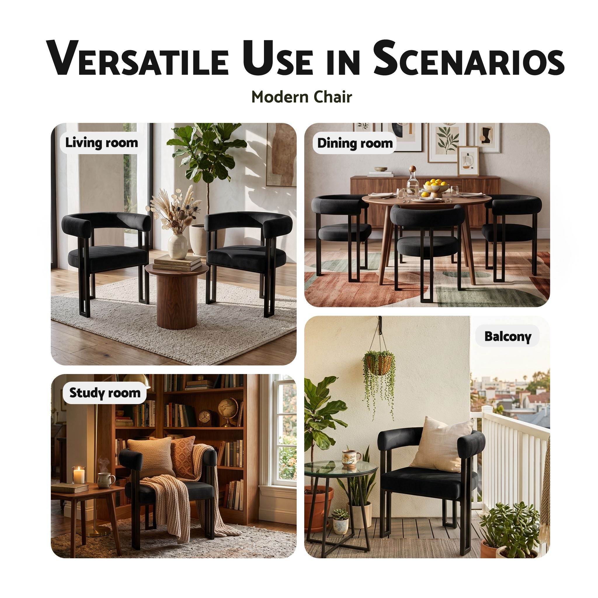 Set of 4 Velvet Upholstered Barrel Dining Chairs with Curved Armrests - Black