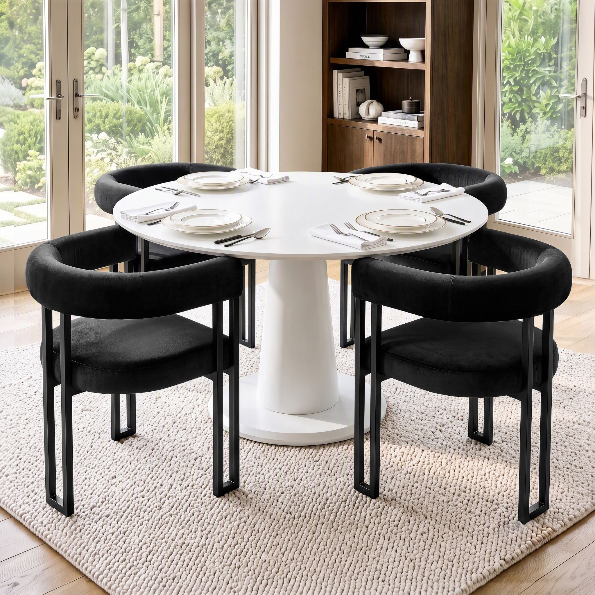 Set of 4 Velvet Upholstered Barrel Dining Chairs with Curved Armrests - Black