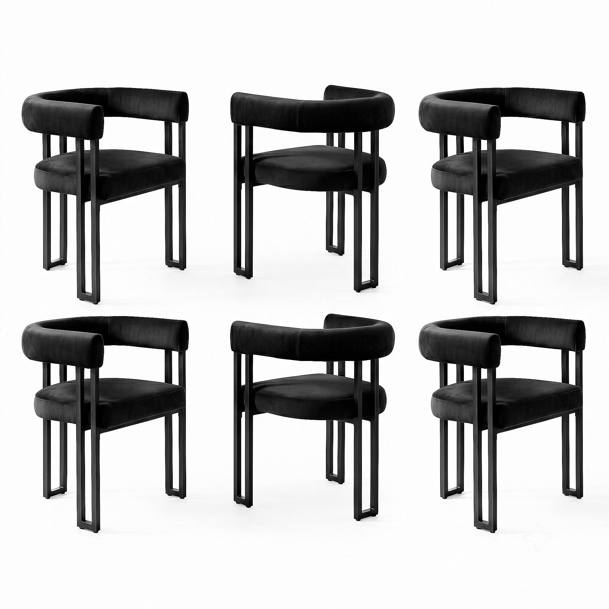 Set of 6 Velvet Upholstered Barrel Dining Chairs with Curved Armrests & Back - Black