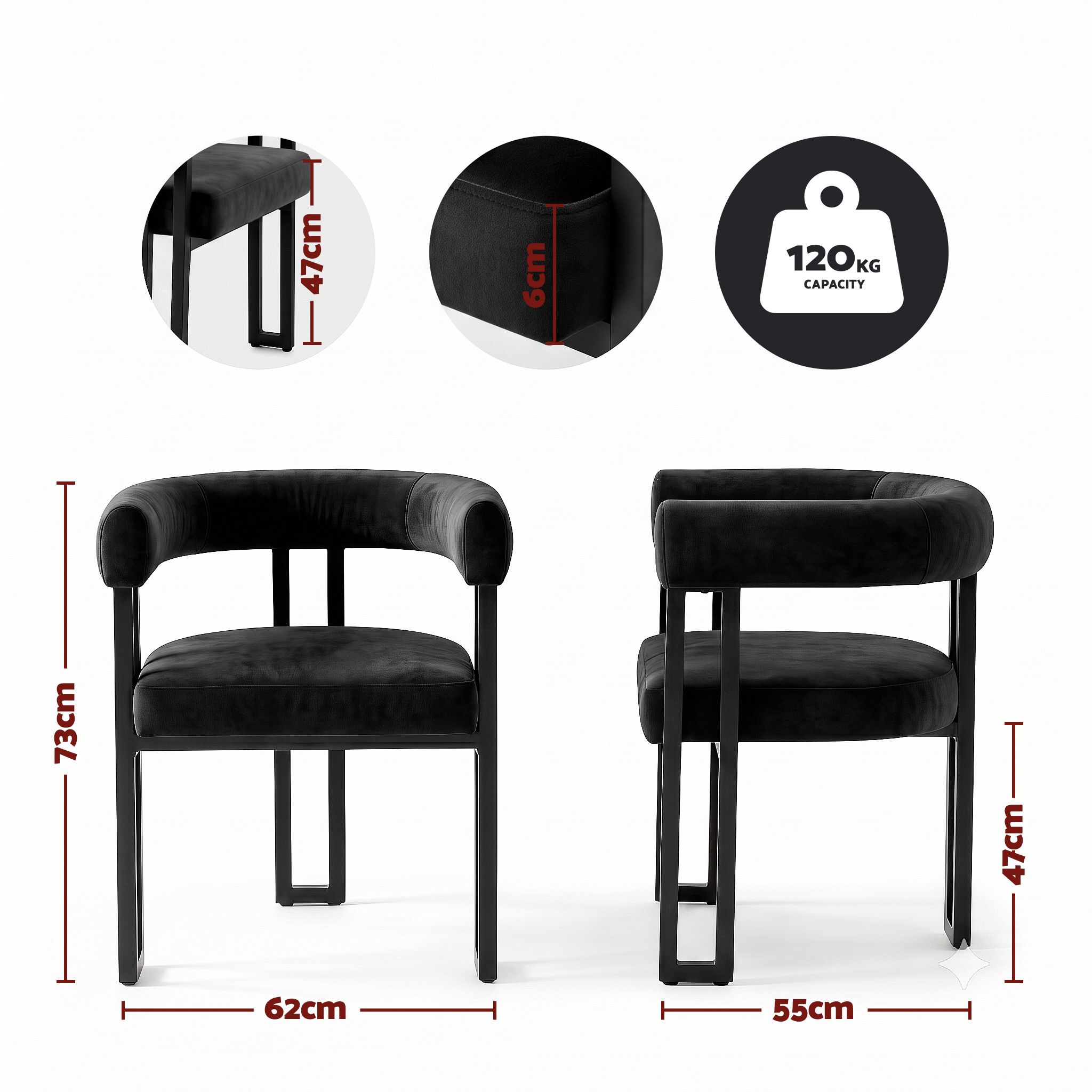 Set of 6 Velvet Upholstered Barrel Dining Chairs with Curved Armrests & Back - Black