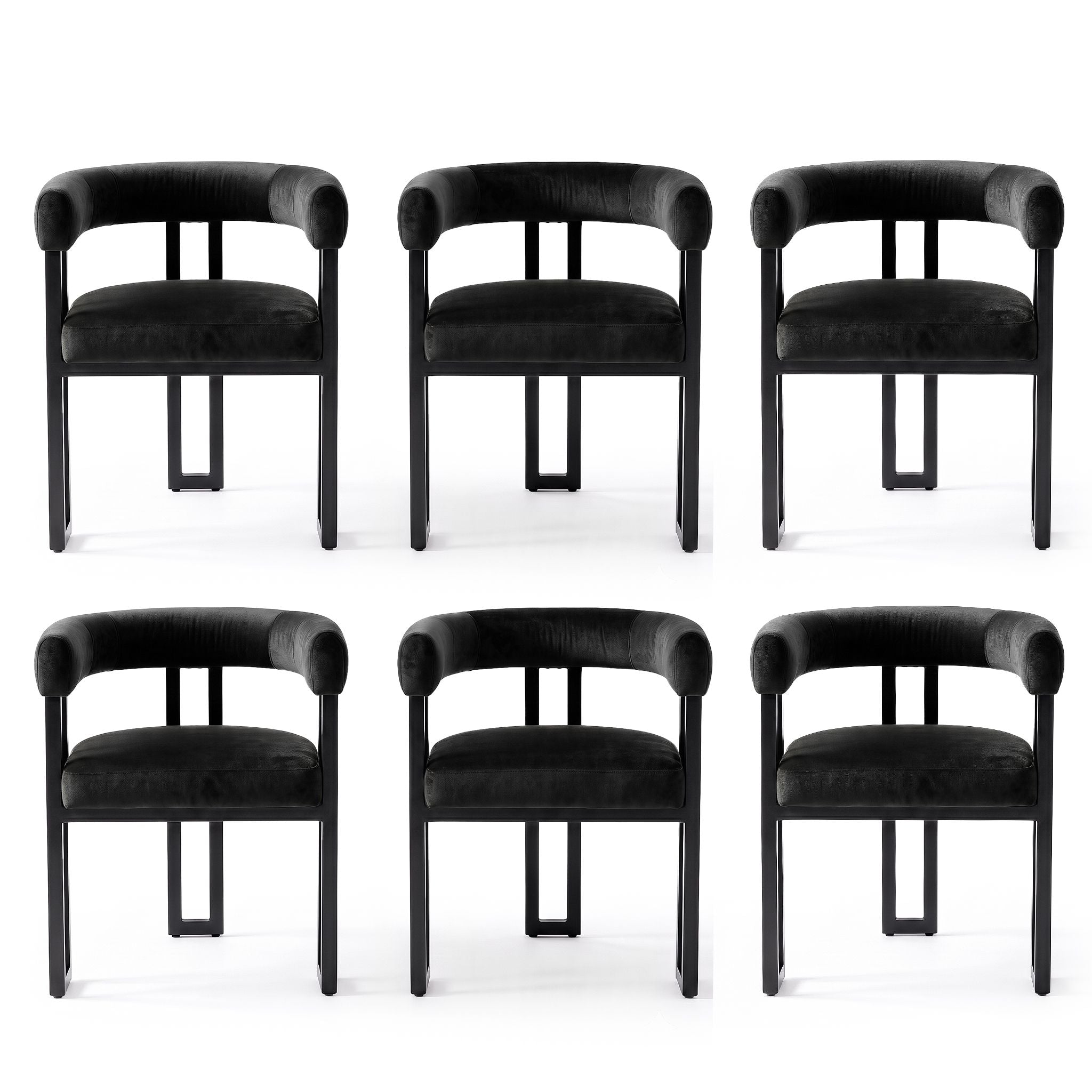 Set of 6 Velvet Upholstered Barrel Dining Chairs with Curved Armrests & Back - Black
