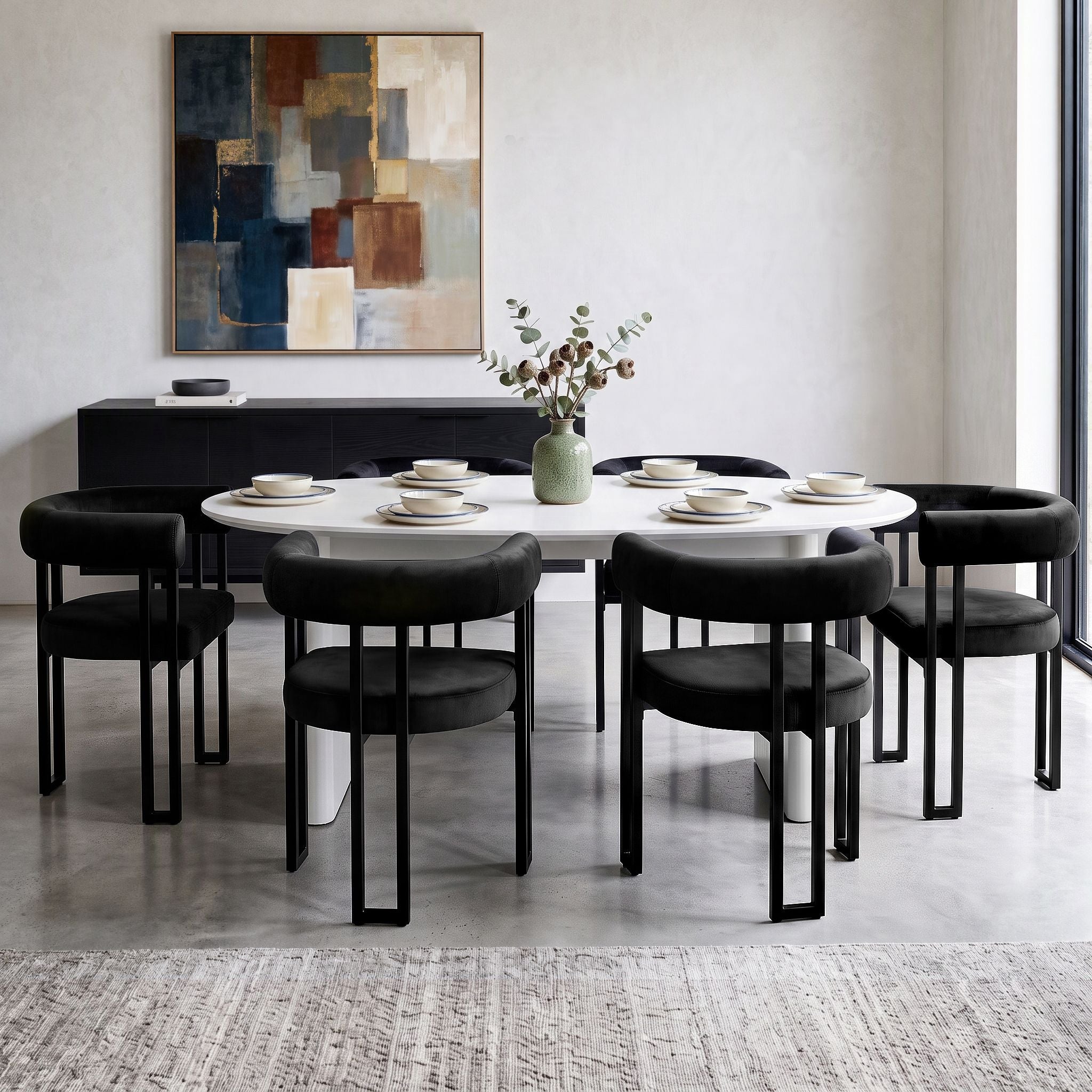 Set of 6 Velvet Upholstered Barrel Dining Chairs with Curved Armrests & Back - Black