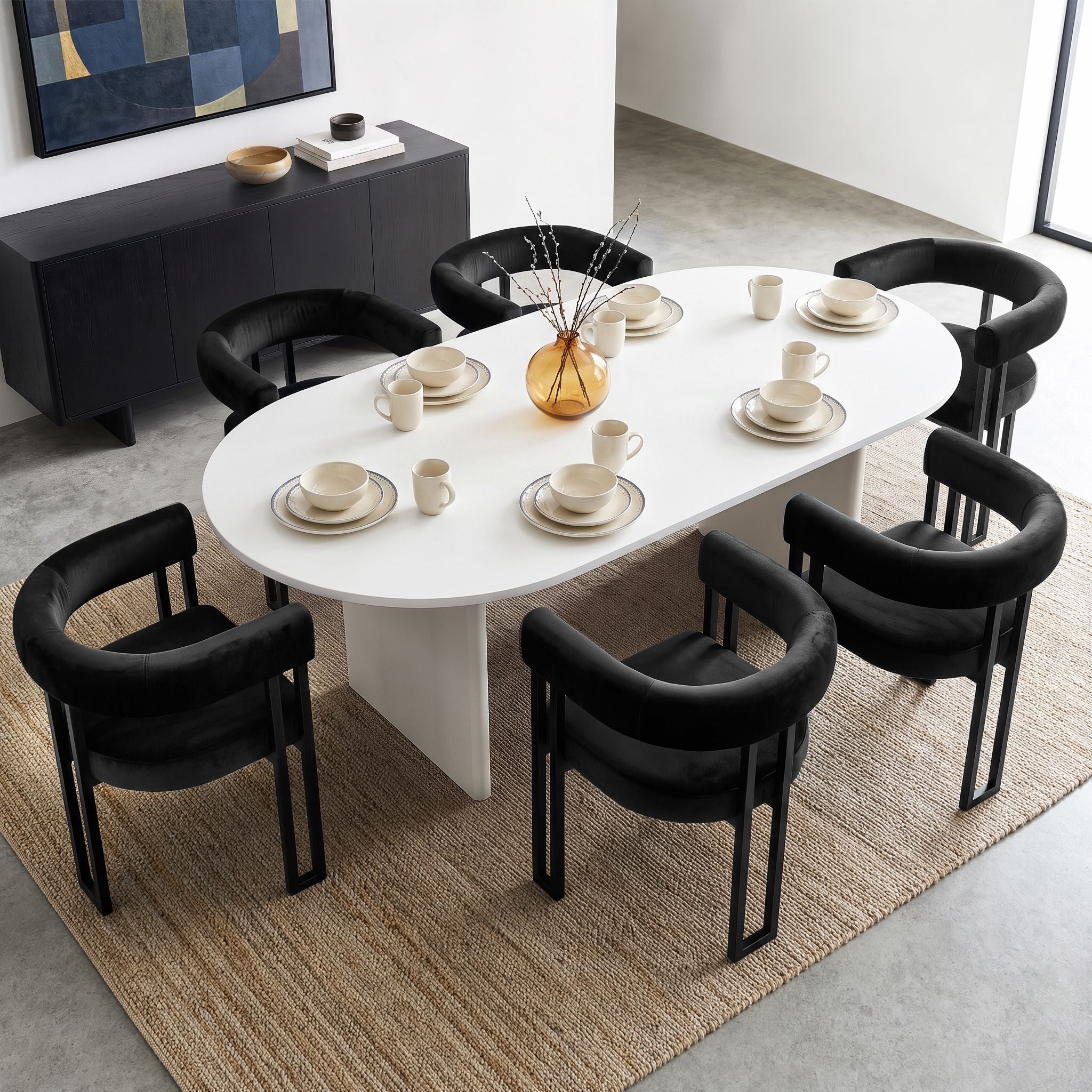 Set of 6 Velvet Upholstered Barrel Dining Chairs with Curved Armrests & Back - Black