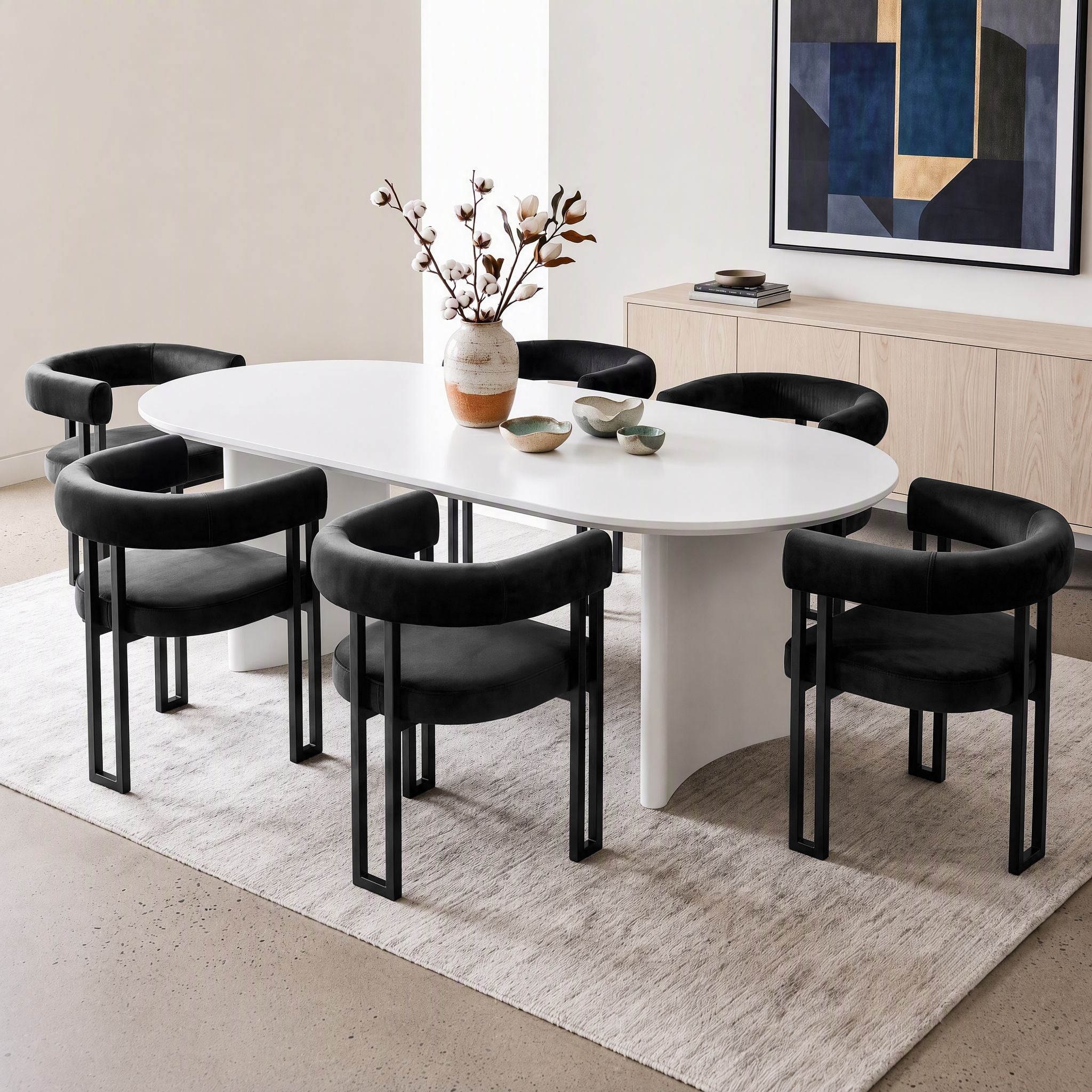Set of 6 Velvet Upholstered Barrel Dining Chairs with Curved Armrests & Back - Black