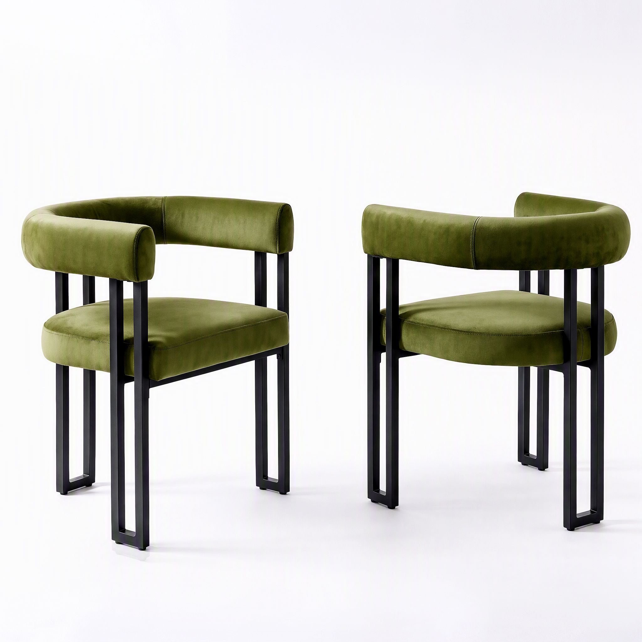 Set of 2 Velvet Upholstered Barrel Dining Chairs with Curved Armrests - Green