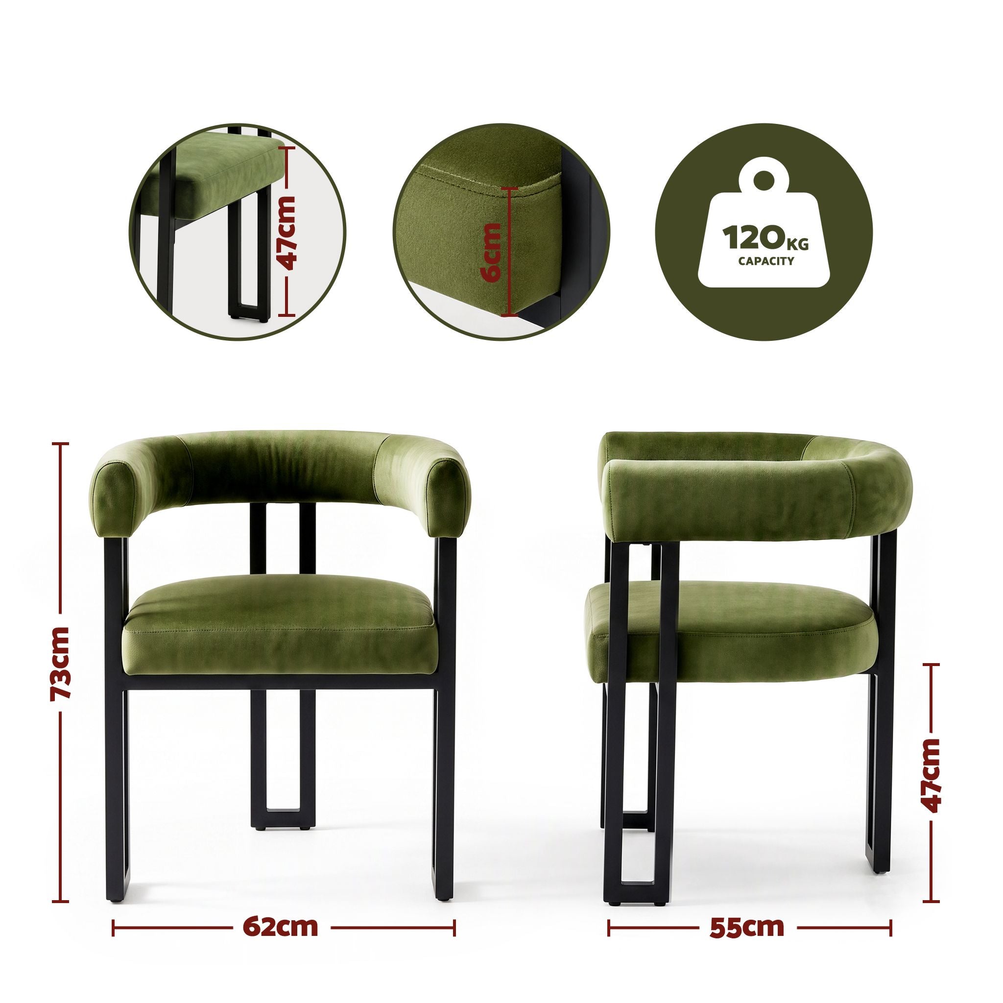 Set of 2 Velvet Upholstered Barrel Dining Chairs with Curved Armrests - Green