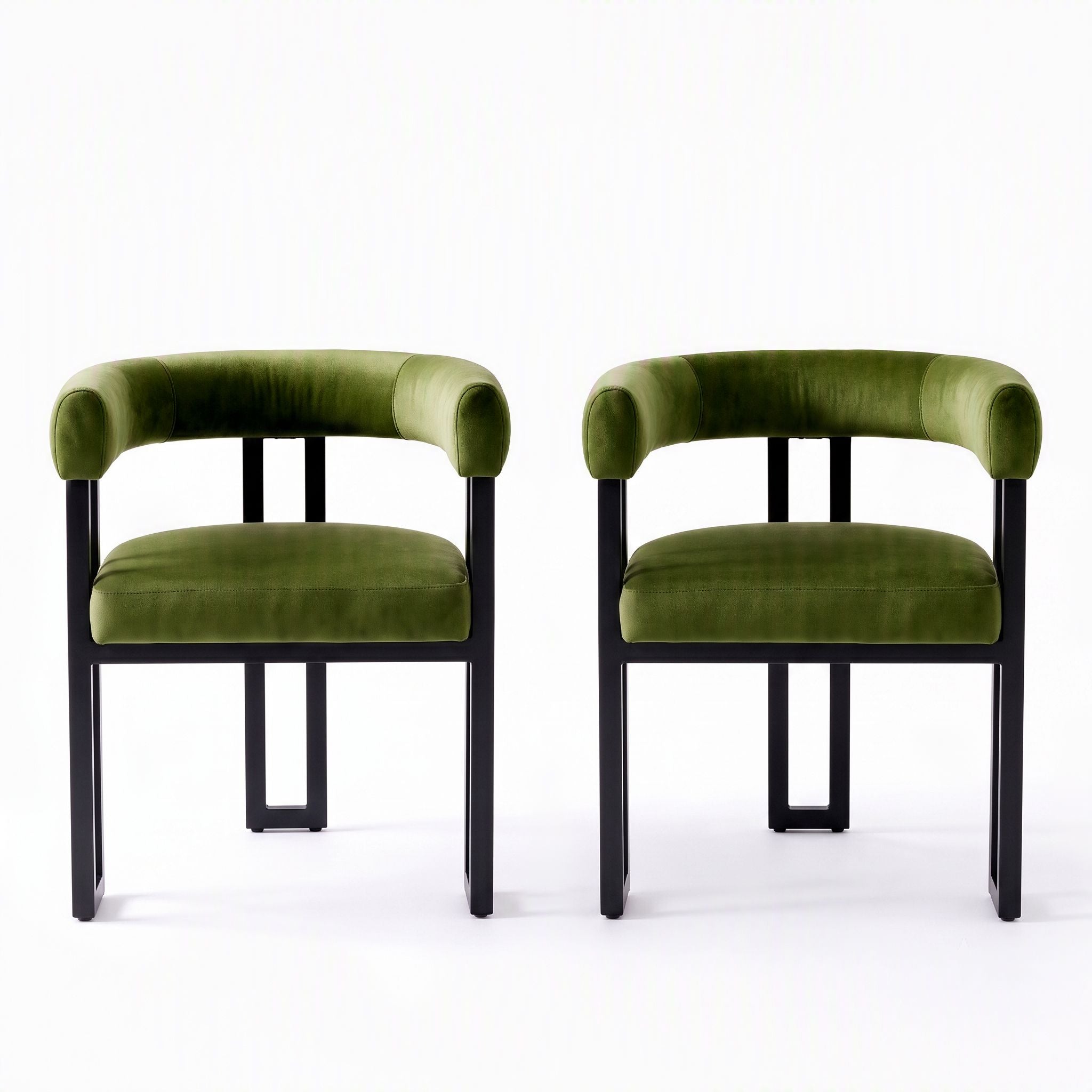 Set of 2 Velvet Upholstered Barrel Dining Chairs with Curved Armrests - Green