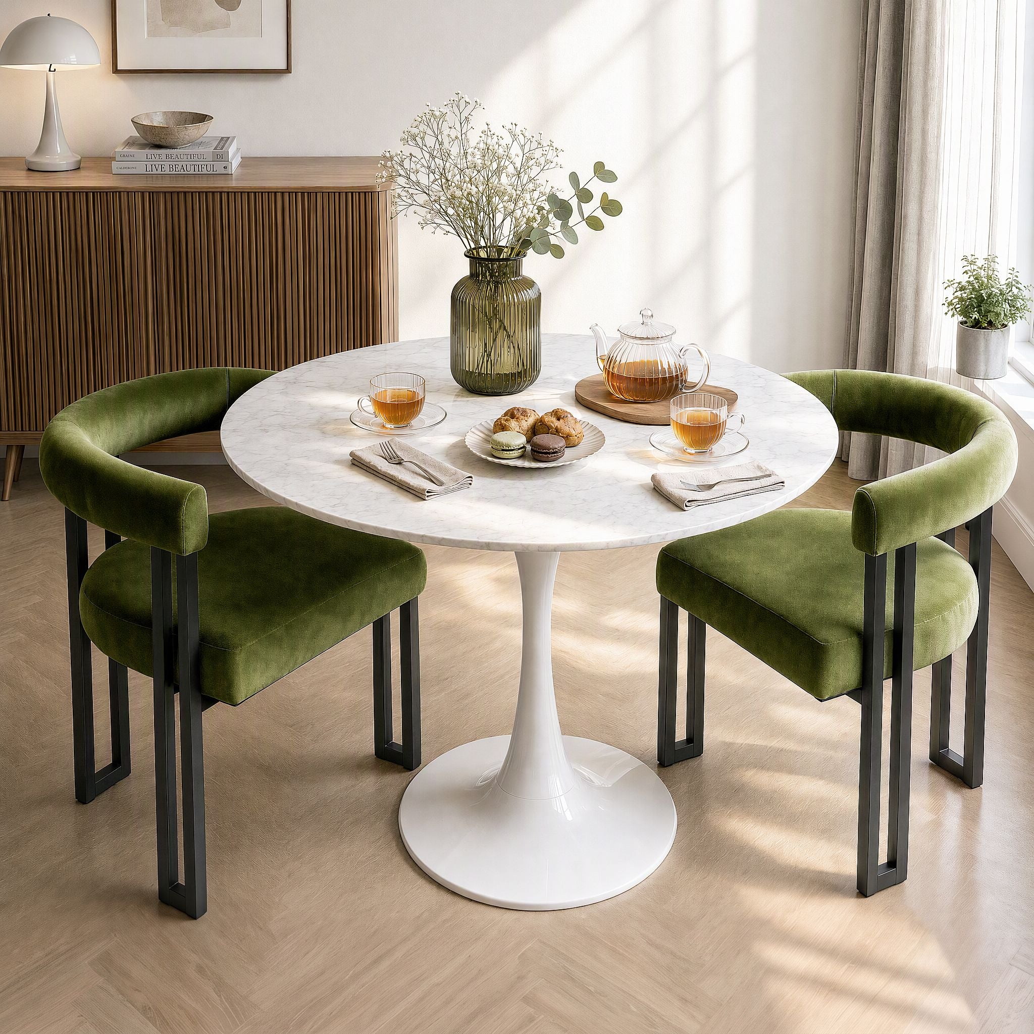 Set of 2 Velvet Upholstered Barrel Dining Chairs with Curved Armrests - Green