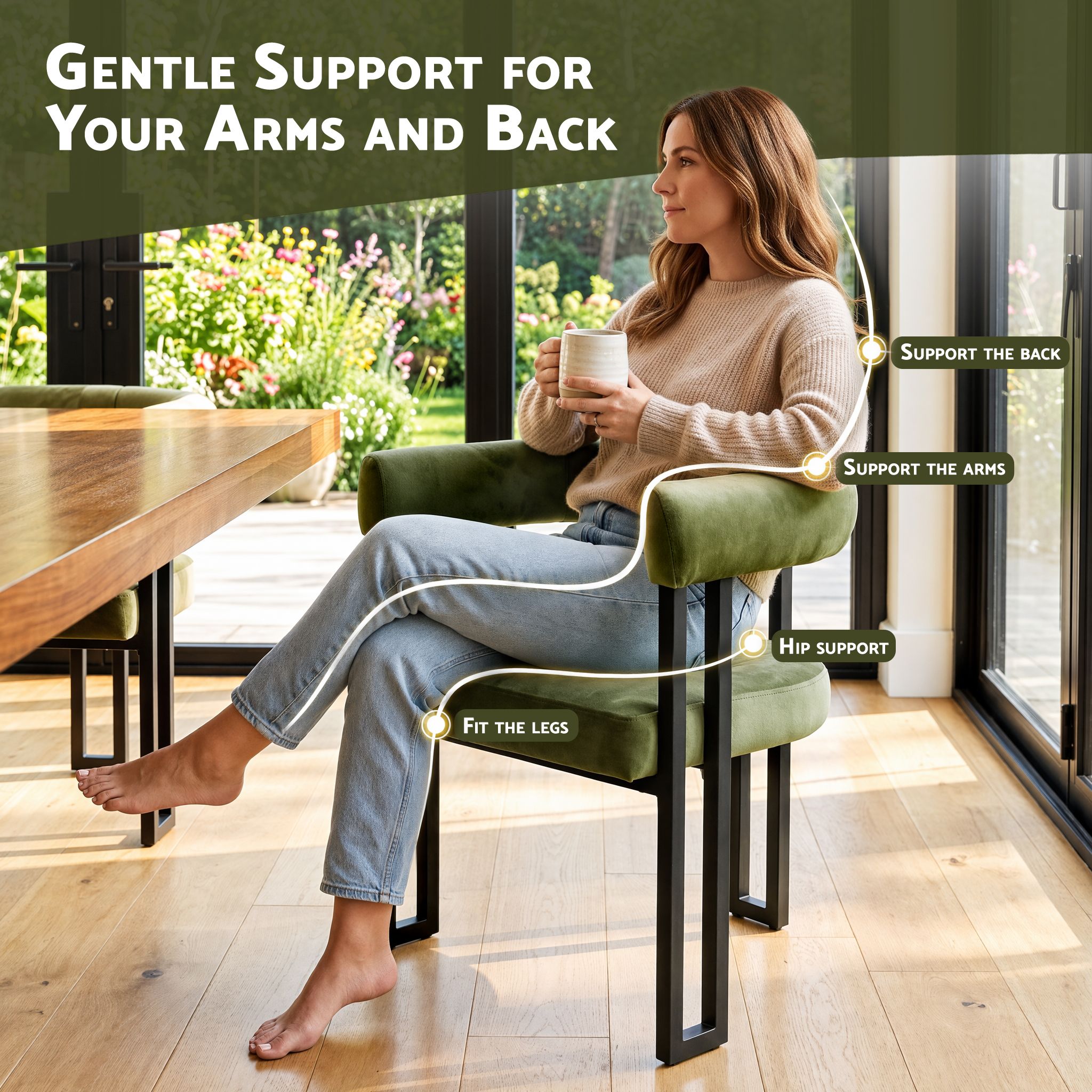Set of 2 Velvet Upholstered Barrel Dining Chairs with Curved Armrests - Green