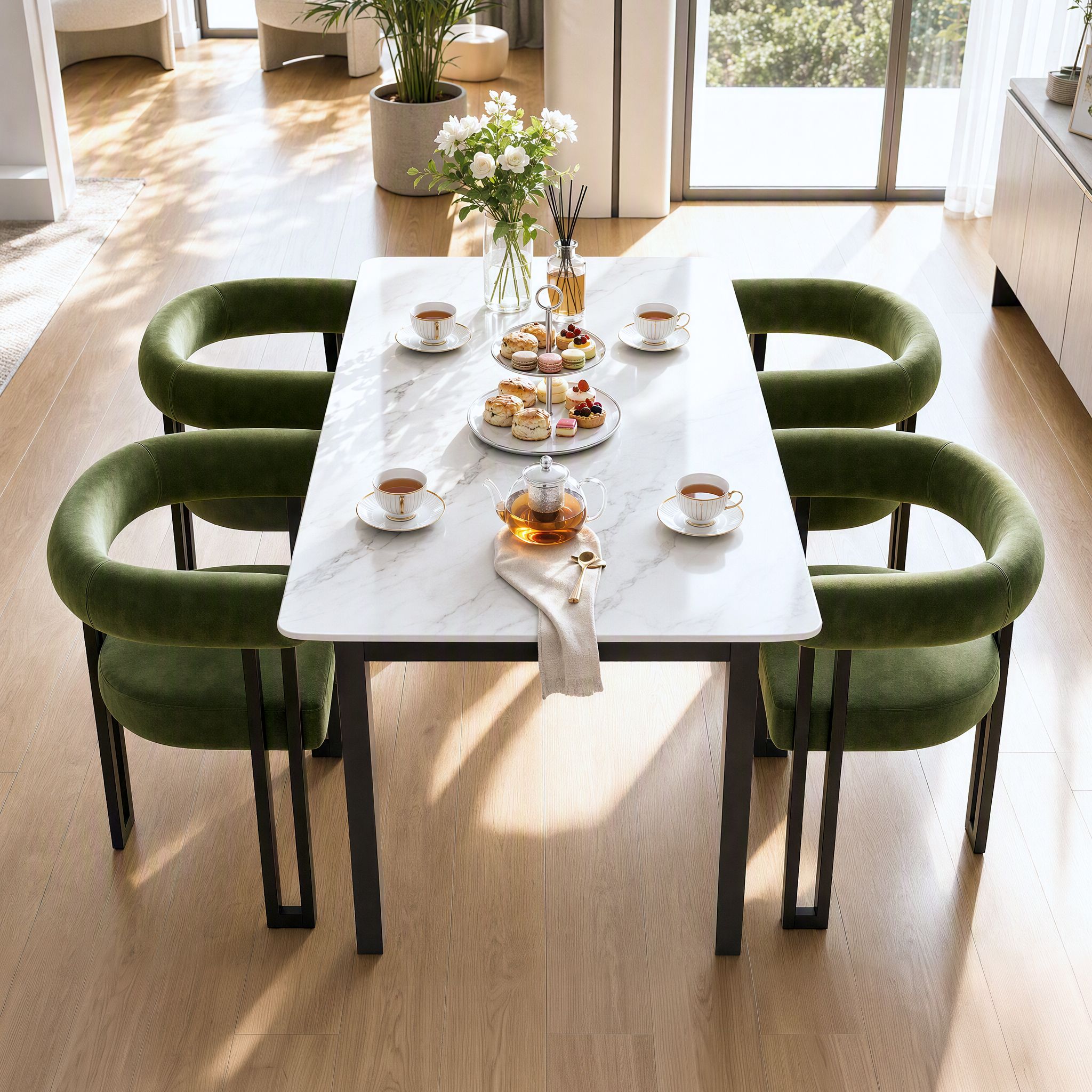 Set of 2 Velvet Upholstered Barrel Dining Chairs with Curved Armrests - Green