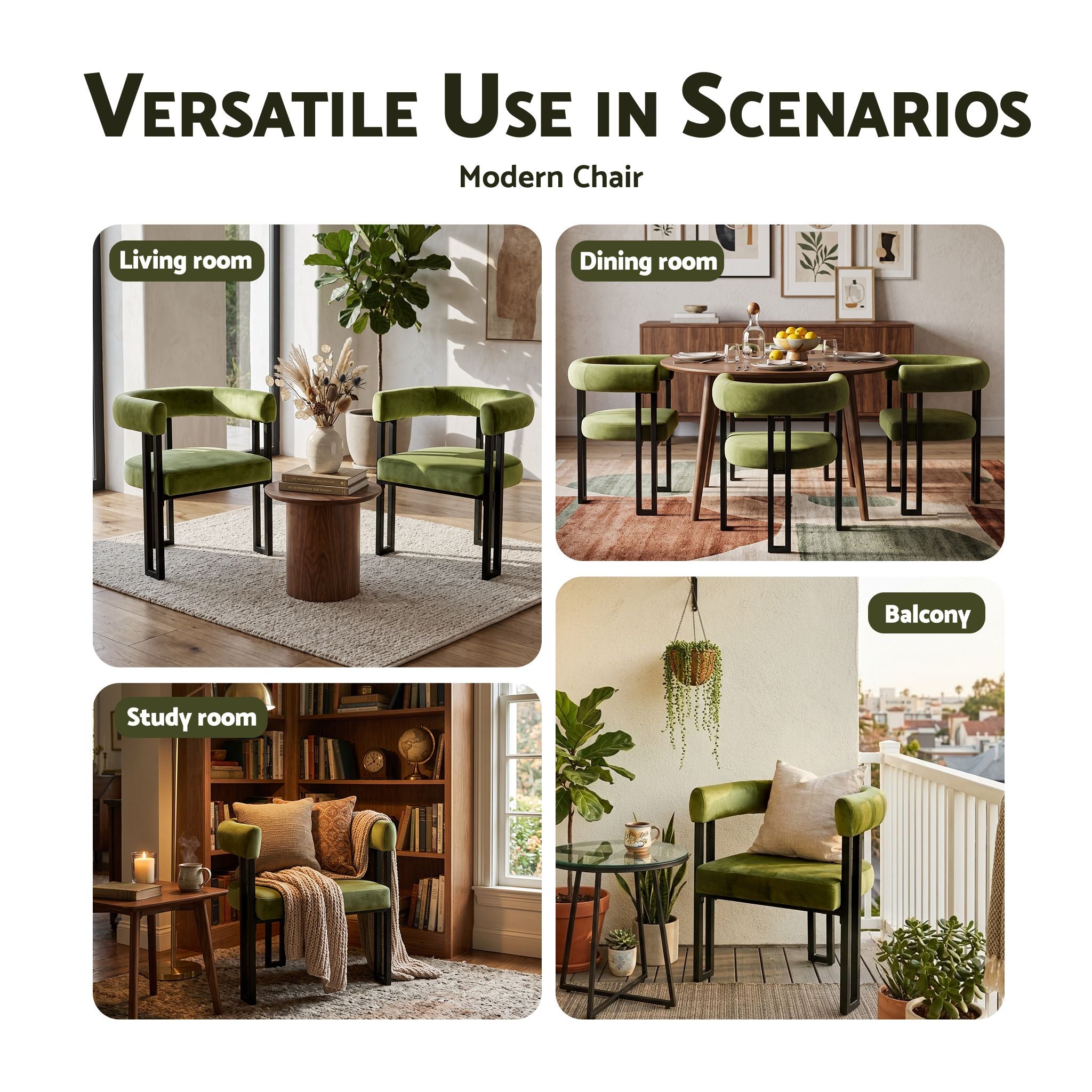 Set of 2 Velvet Upholstered Barrel Dining Chairs with Curved Armrests - Green