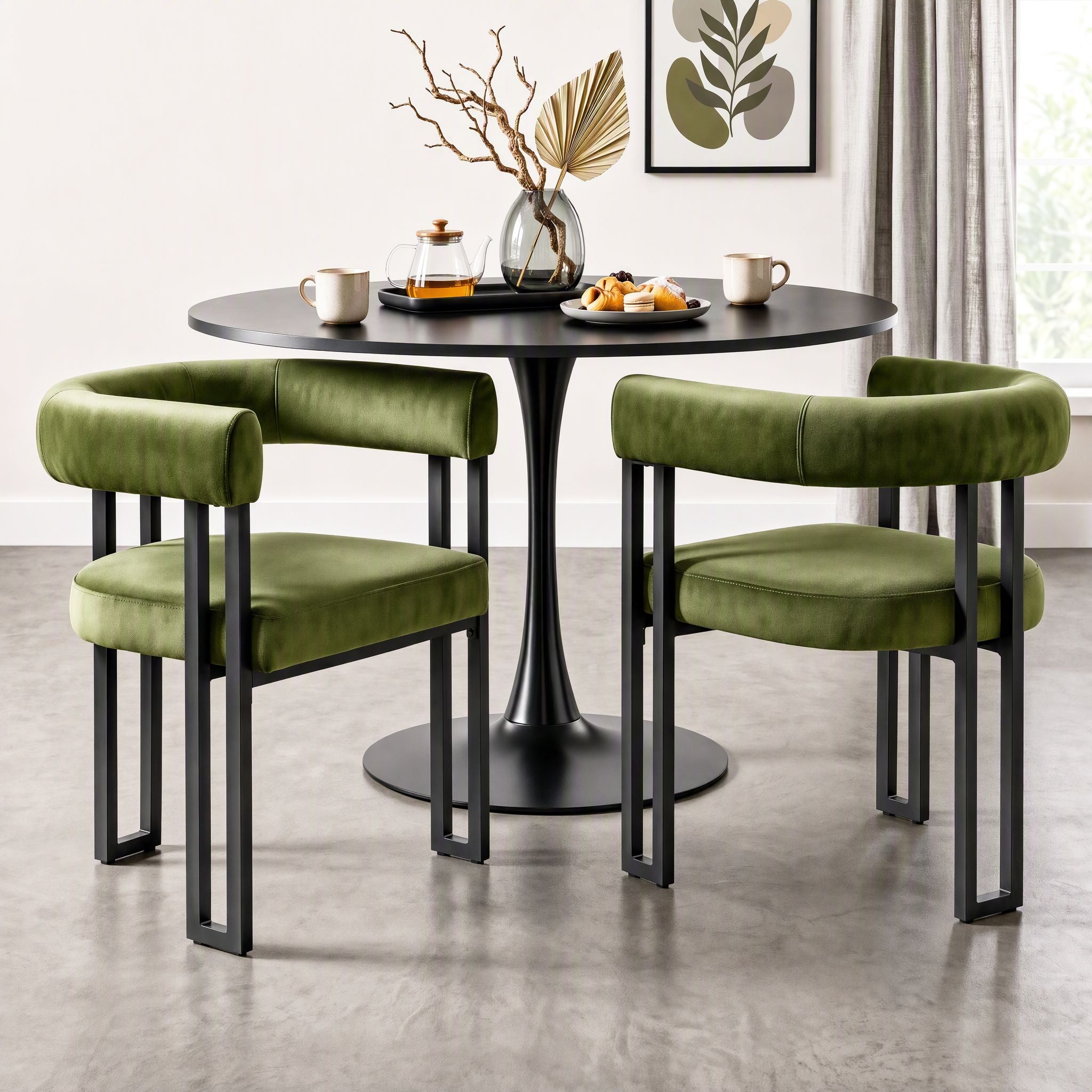 Set of 2 Velvet Upholstered Barrel Dining Chairs with Curved Armrests - Green