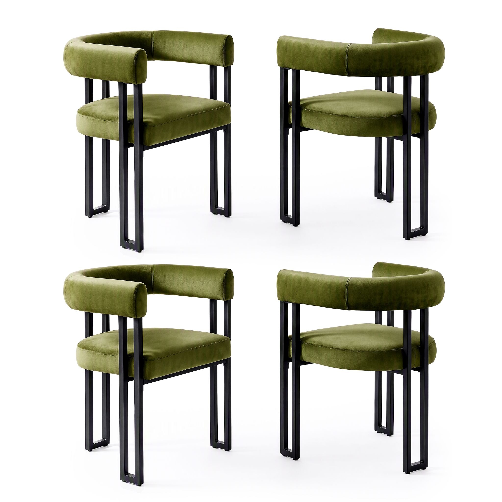 Set of 4 Velvet Upholstered Barrel Dining Chairs with Curved Armrests - Green