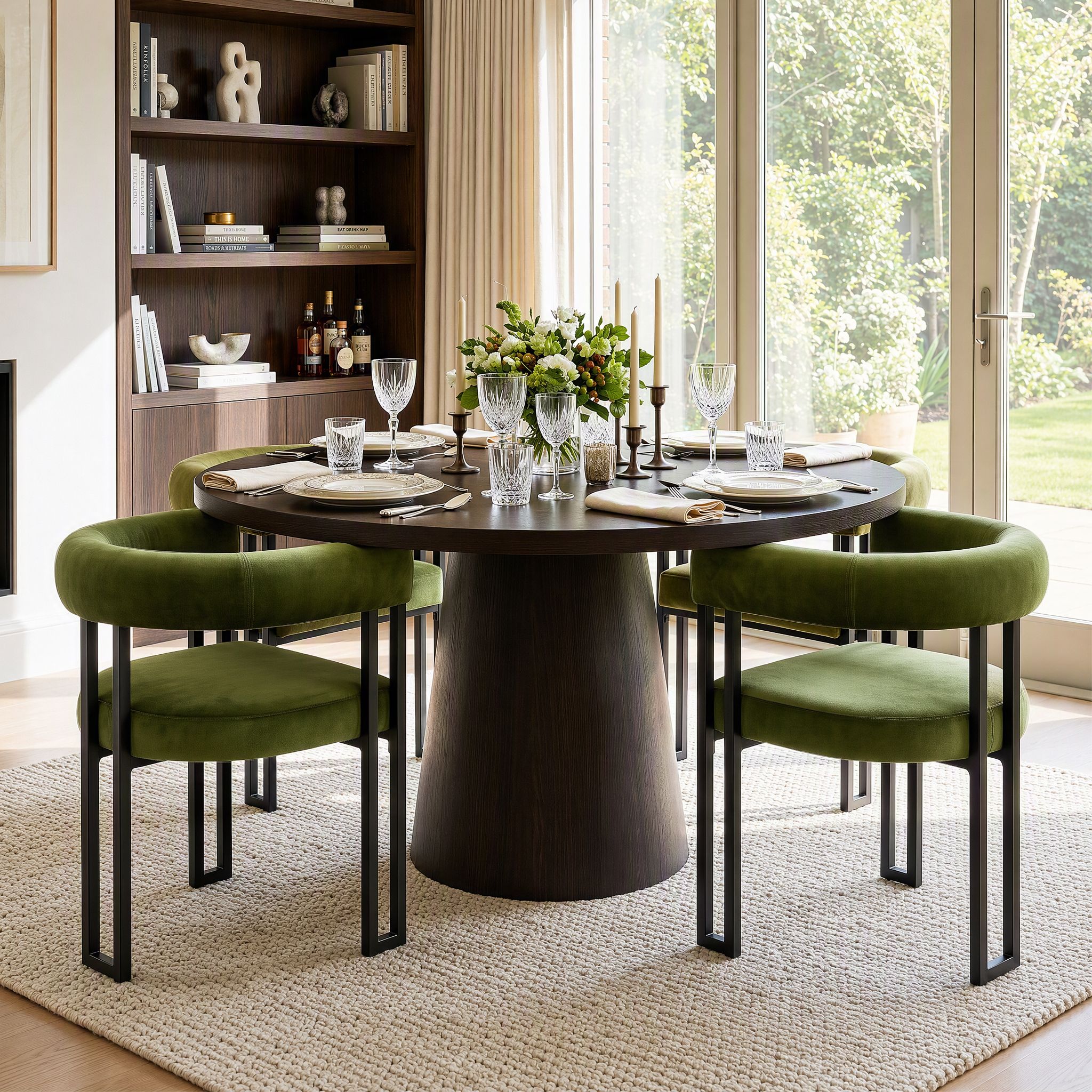 Set of 4 Velvet Upholstered Barrel Dining Chairs with Curved Armrests - Green
