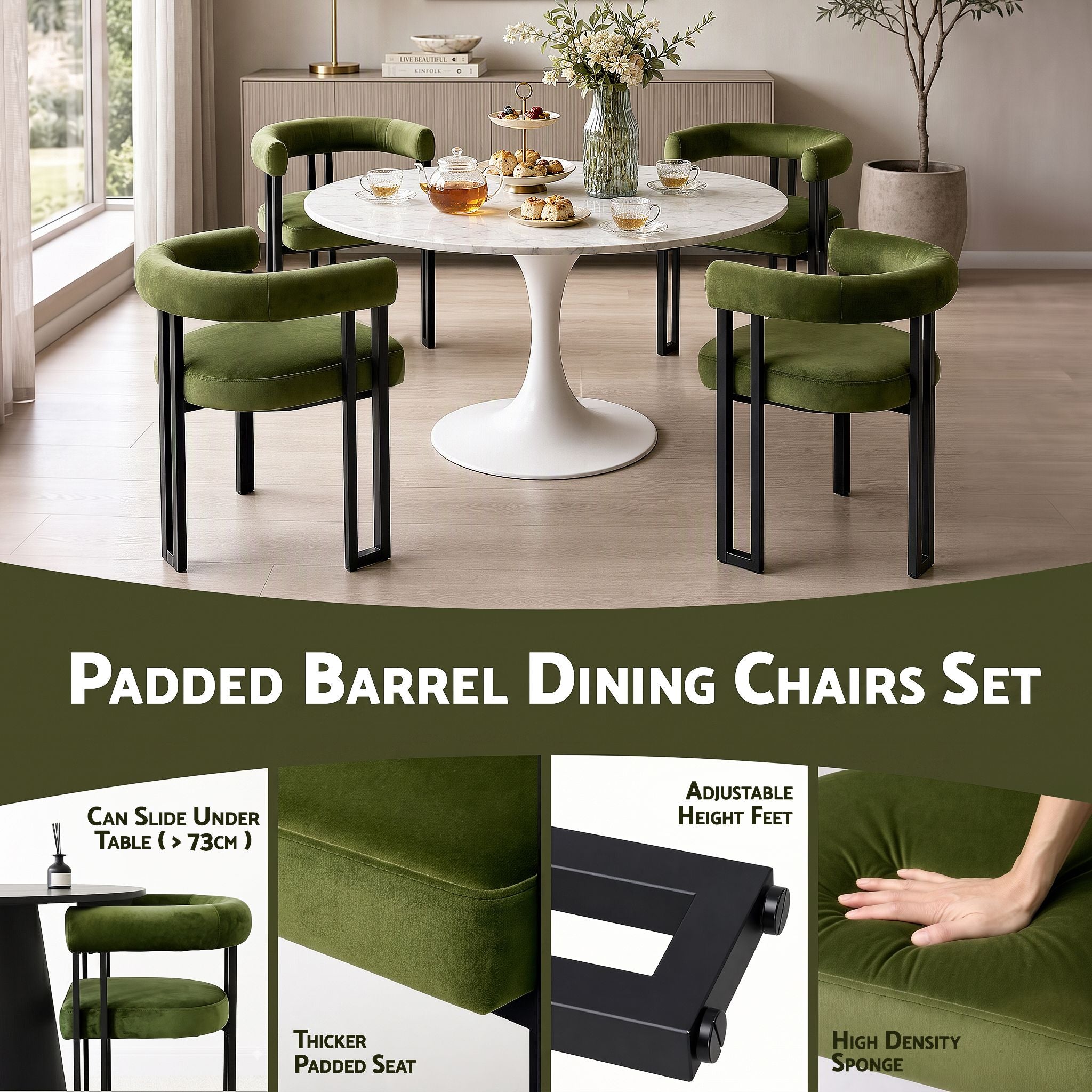 Set of 4 Velvet Upholstered Barrel Dining Chairs with Curved Armrests - Green