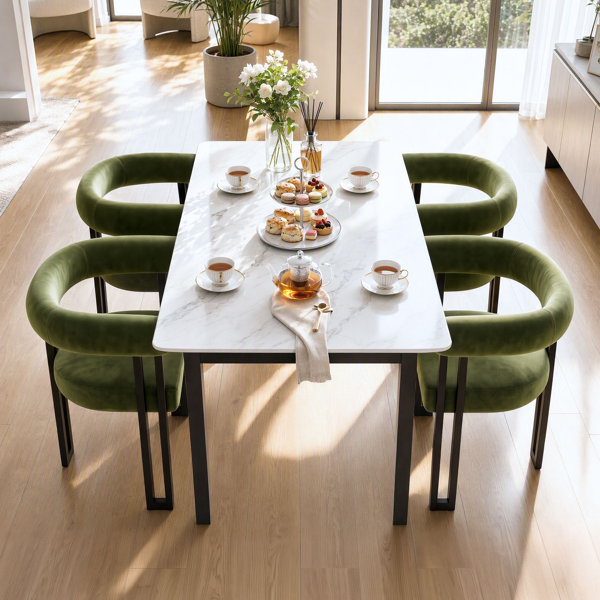 Set of 4 Velvet Upholstered Barrel Dining Chairs with Curved Armrests - Green