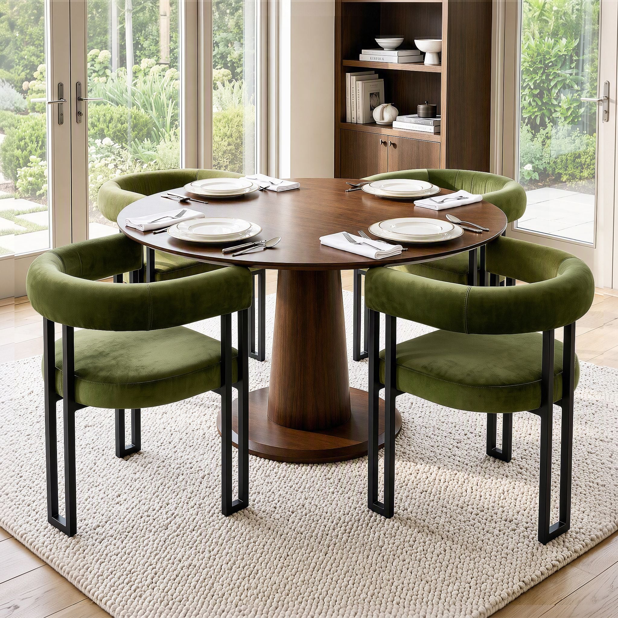 Set of 4 Velvet Upholstered Barrel Dining Chairs with Curved Armrests - Green