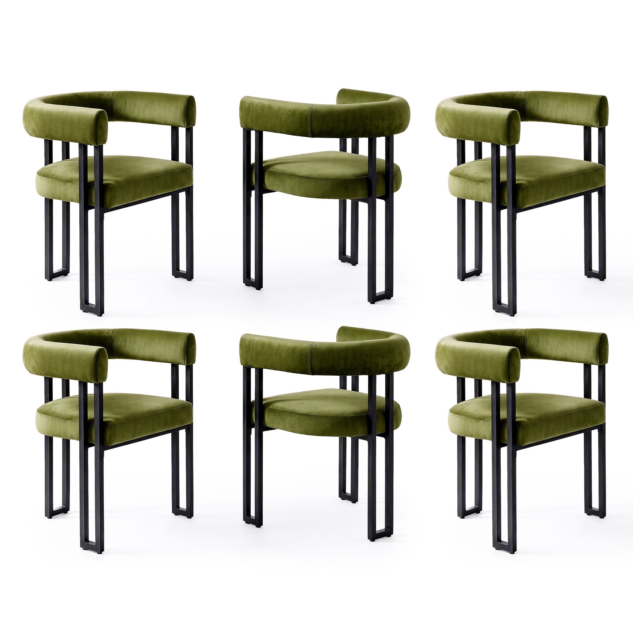 Set of 6 Velvet Upholstered Dining Barrel Chairs with Curved Armrests - Green