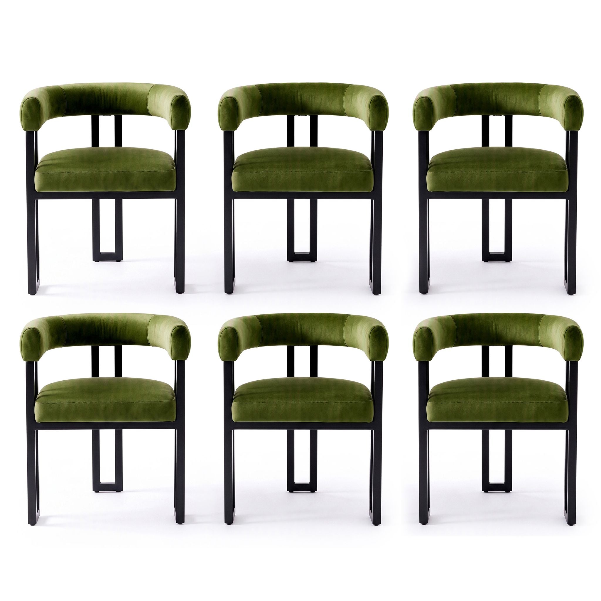 Set of 6 Velvet Upholstered Dining Barrel Chairs with Curved Armrests - Green