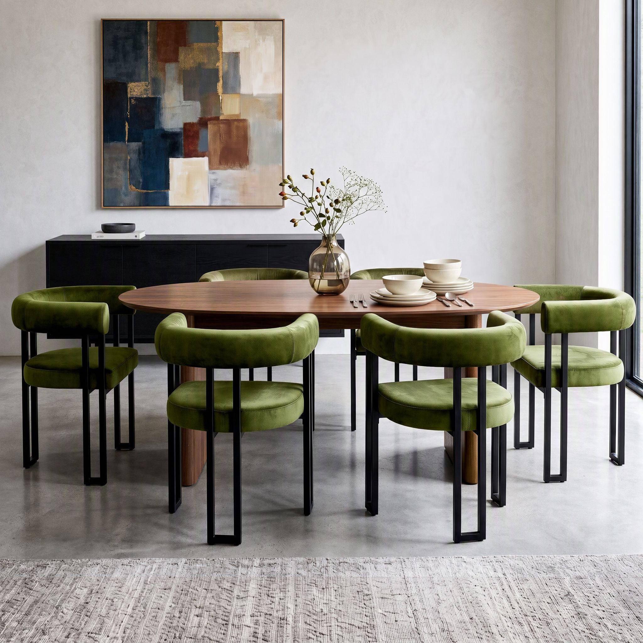 Set of 6 Velvet Upholstered Dining Barrel Chairs with Curved Armrests - Green