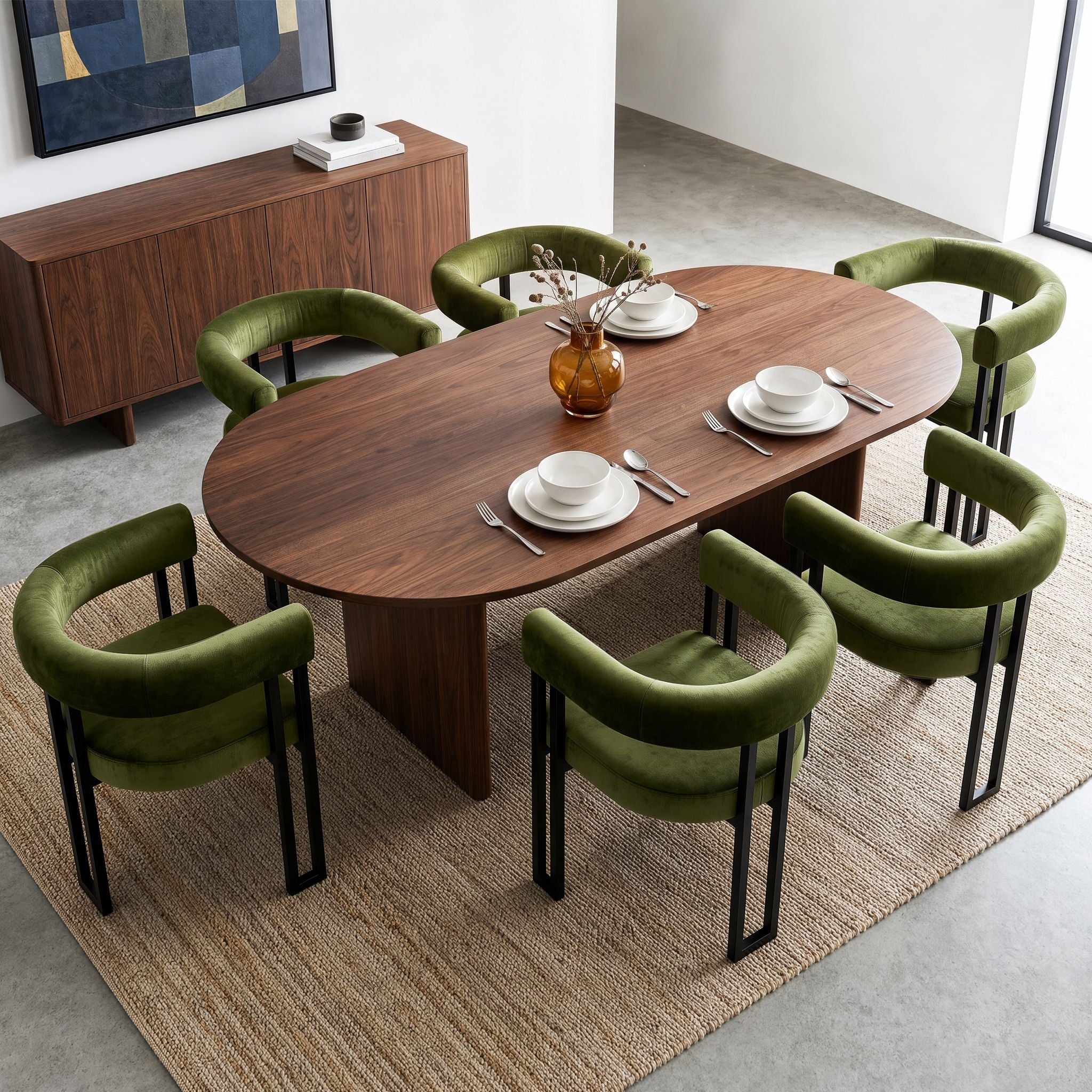 Set of 6 Velvet Upholstered Dining Barrel Chairs with Curved Armrests - Green
