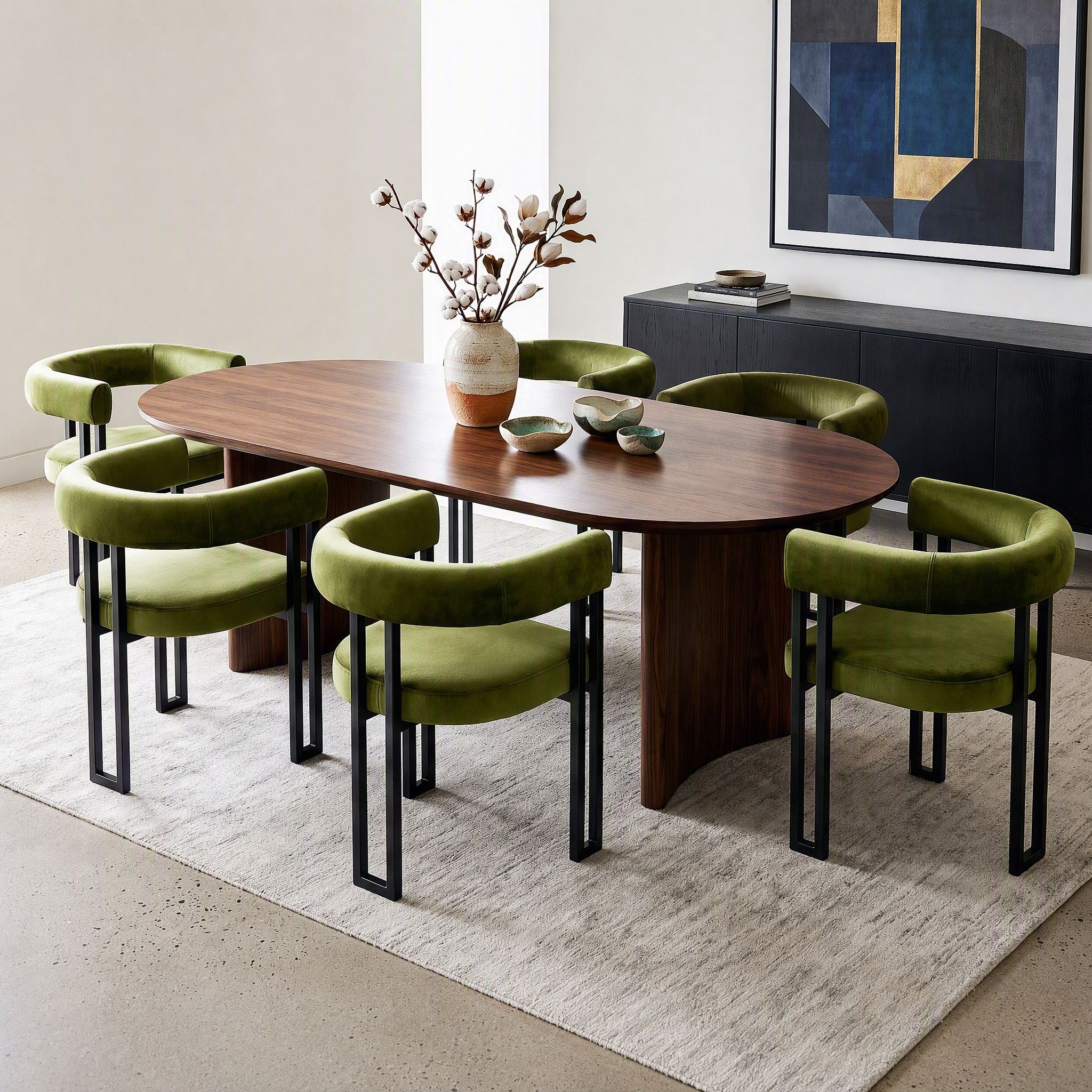 Set of 6 Velvet Upholstered Dining Barrel Chairs with Curved Armrests - Green