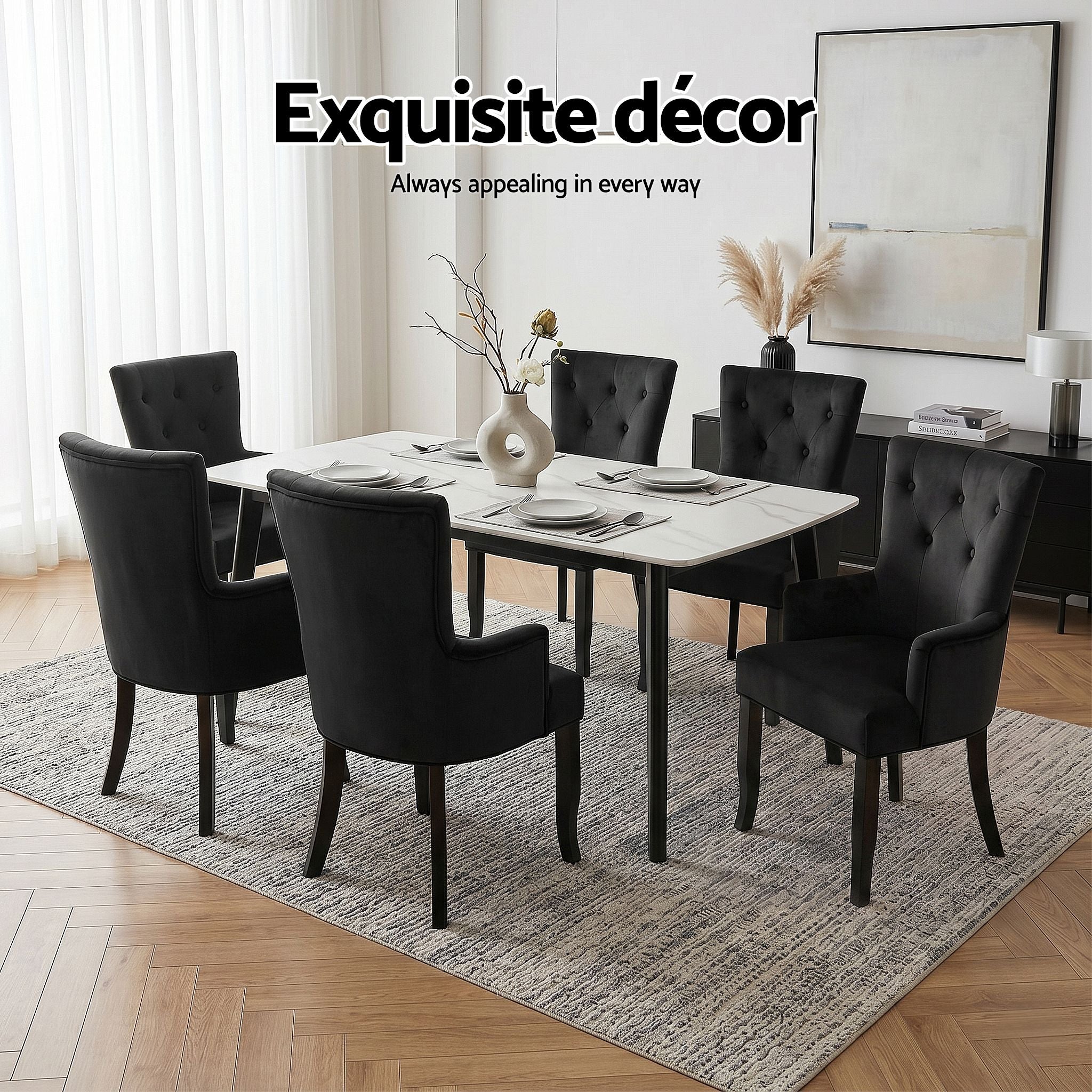 6x Dining Chairs Velvet French Provincial Armchair Black