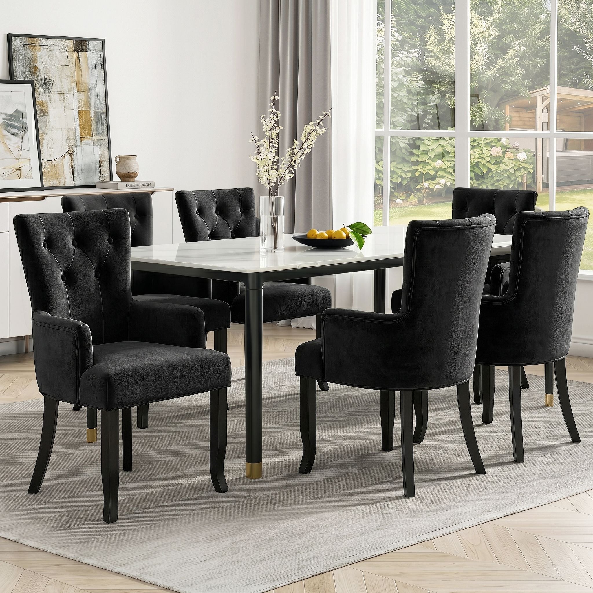 6x Dining Chairs Velvet French Provincial Armchair Black