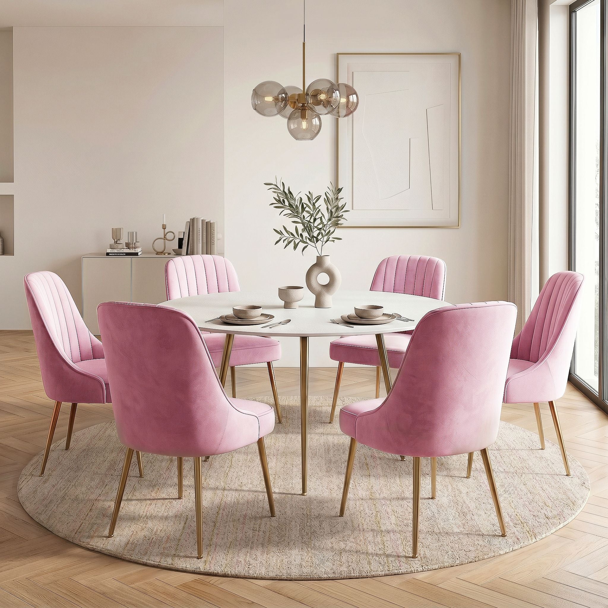 Dining Chairs Set of 6 Velvet Channel Tufted Pink