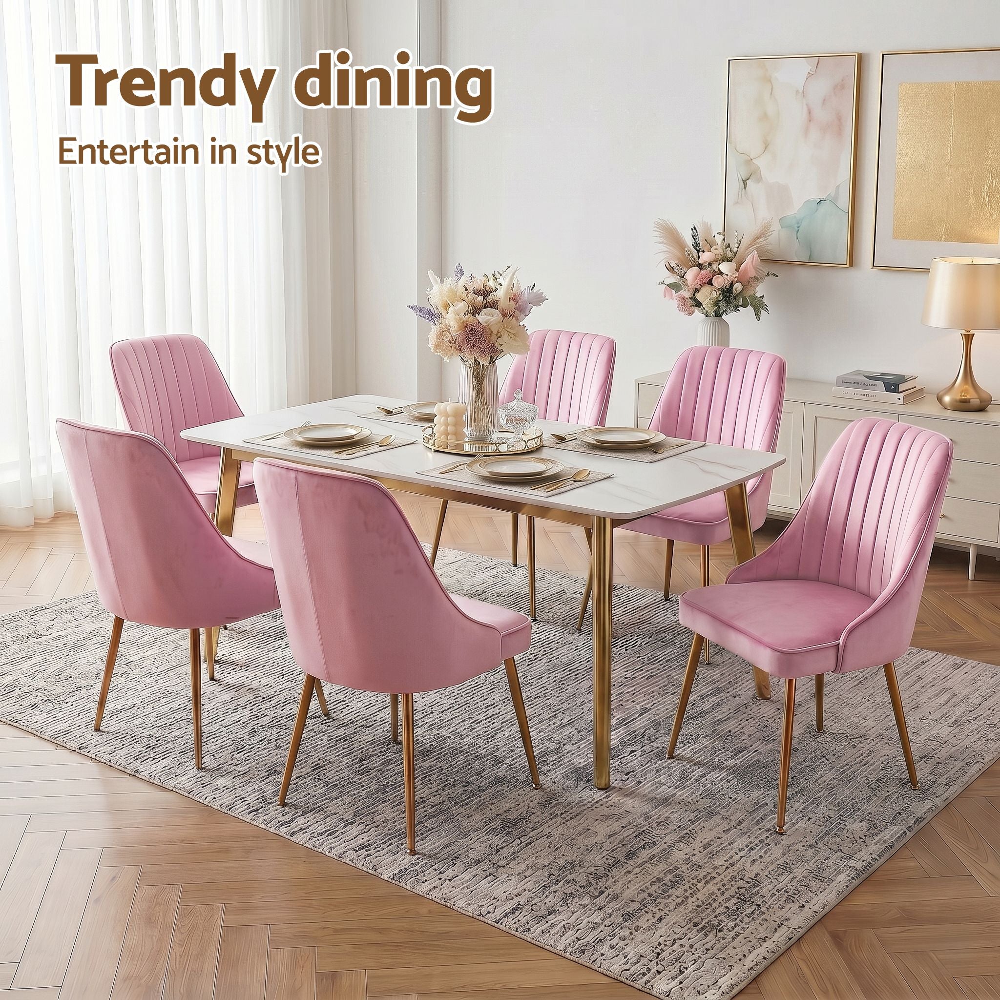 Dining Chairs Set of 6 Velvet Channel Tufted Pink
