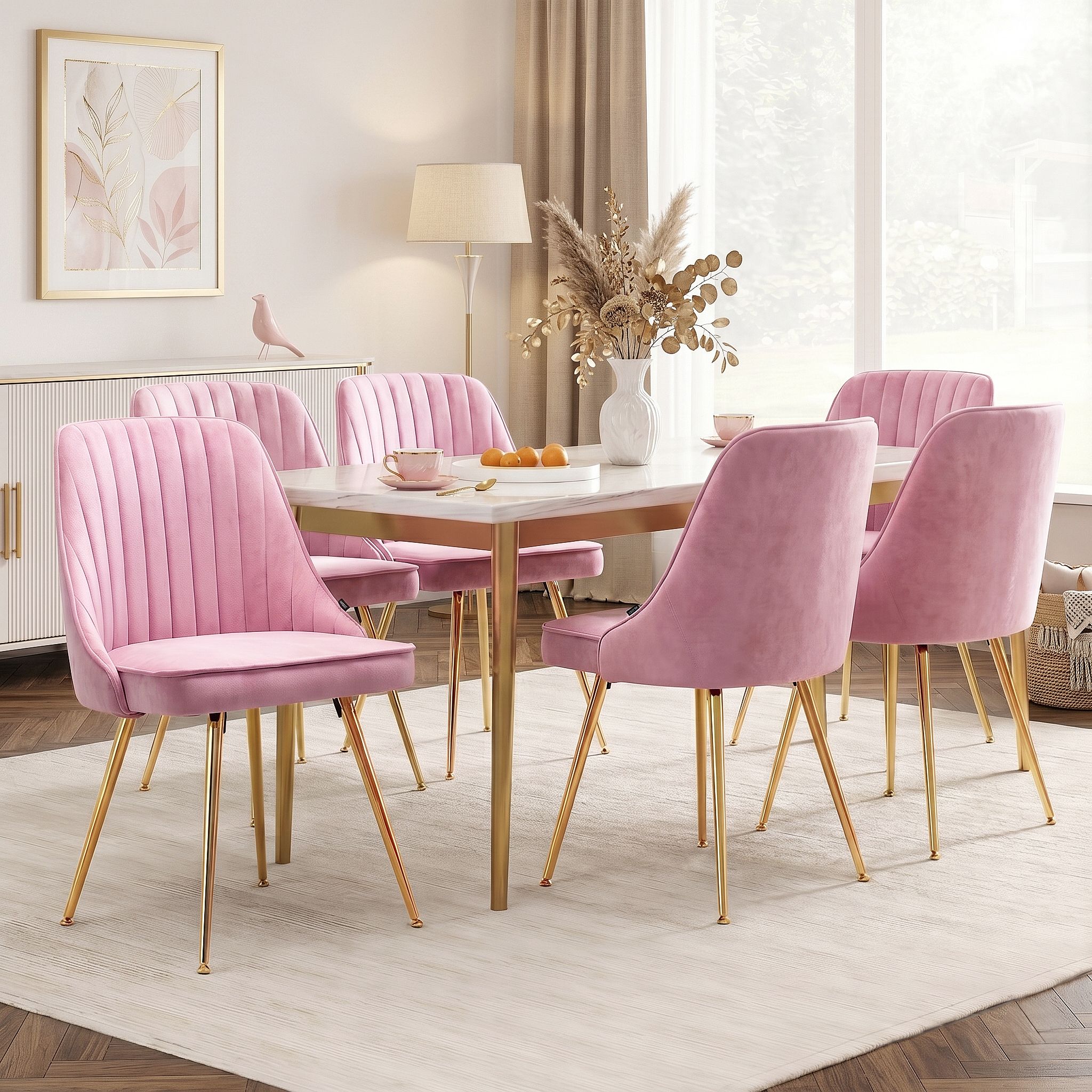 Dining Chairs Set of 6 Velvet Channel Tufted Pink