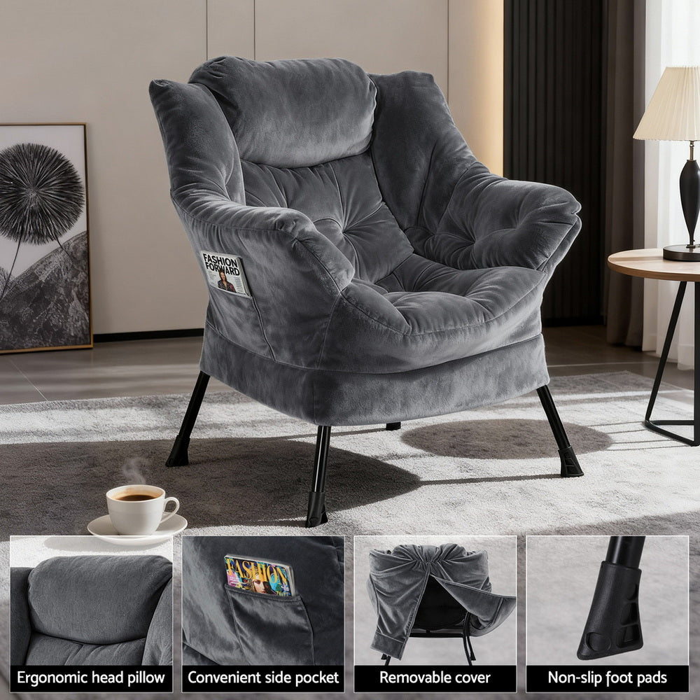 Armchair Accent Chair Ottoman Lounge Footrest Velvet Grey
