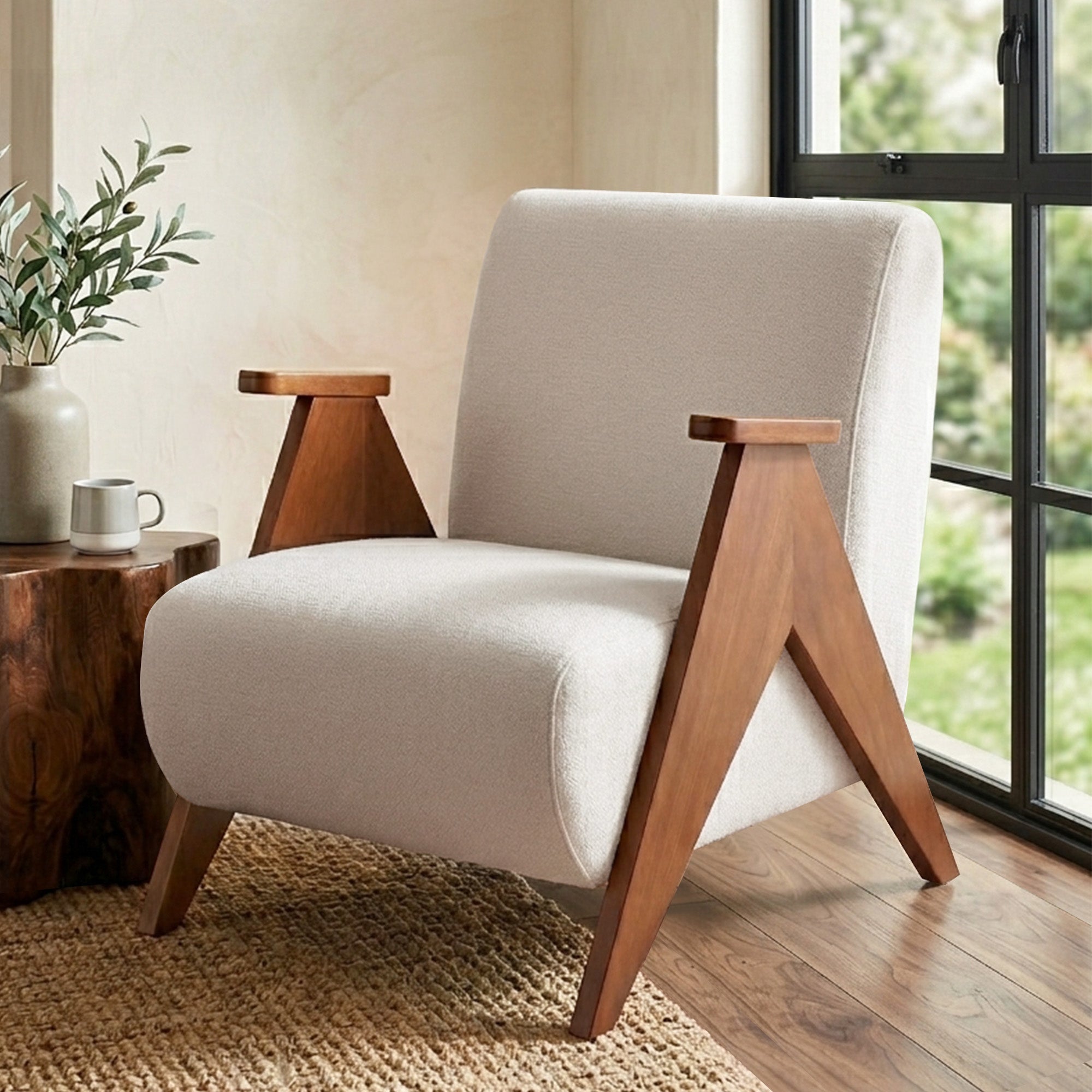 Armchair Accent Chair Upholstered Chenille Fabric Solid Wood Frame - White