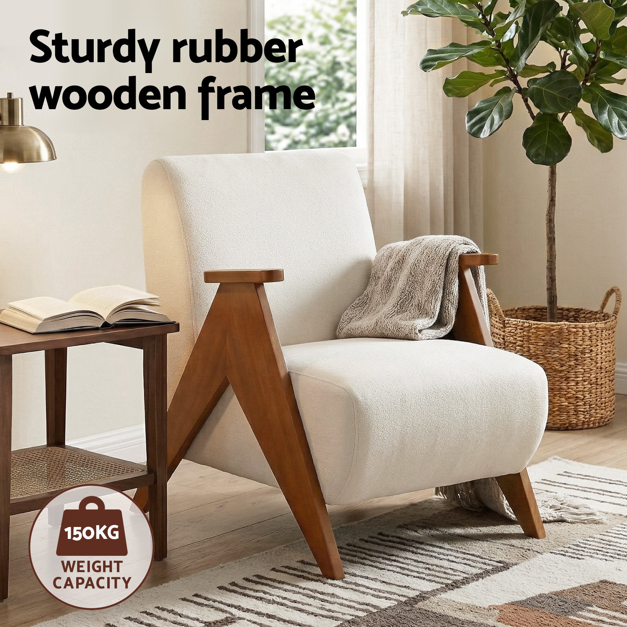 Armchair Accent Chair Upholstered Chenille Fabric Solid Wood Frame - White